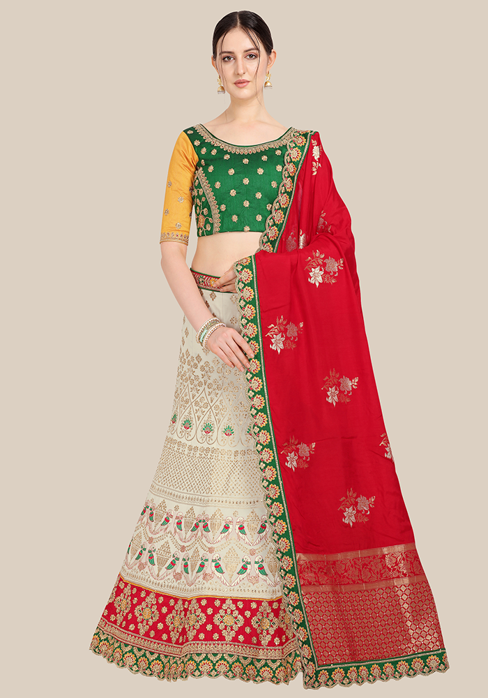 Off White Banarasi Embellished Semi Stitched Lehenga & Choli with Dupatta