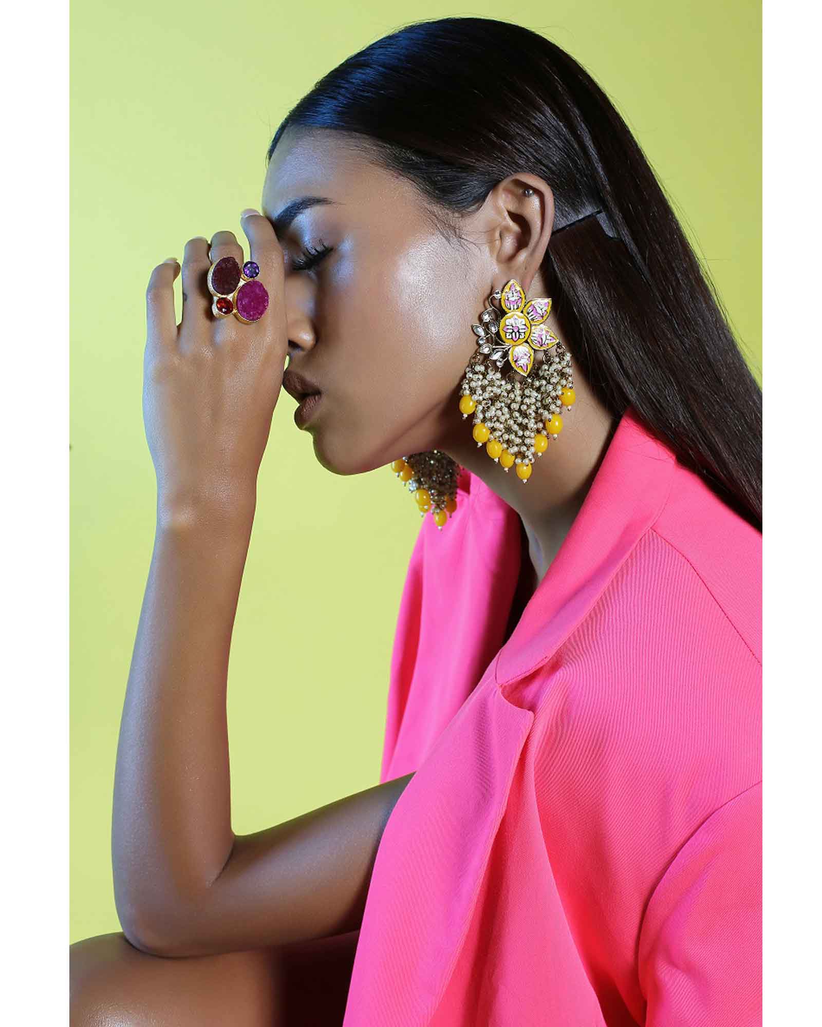 Yellow Pearls Meenakari Earrings