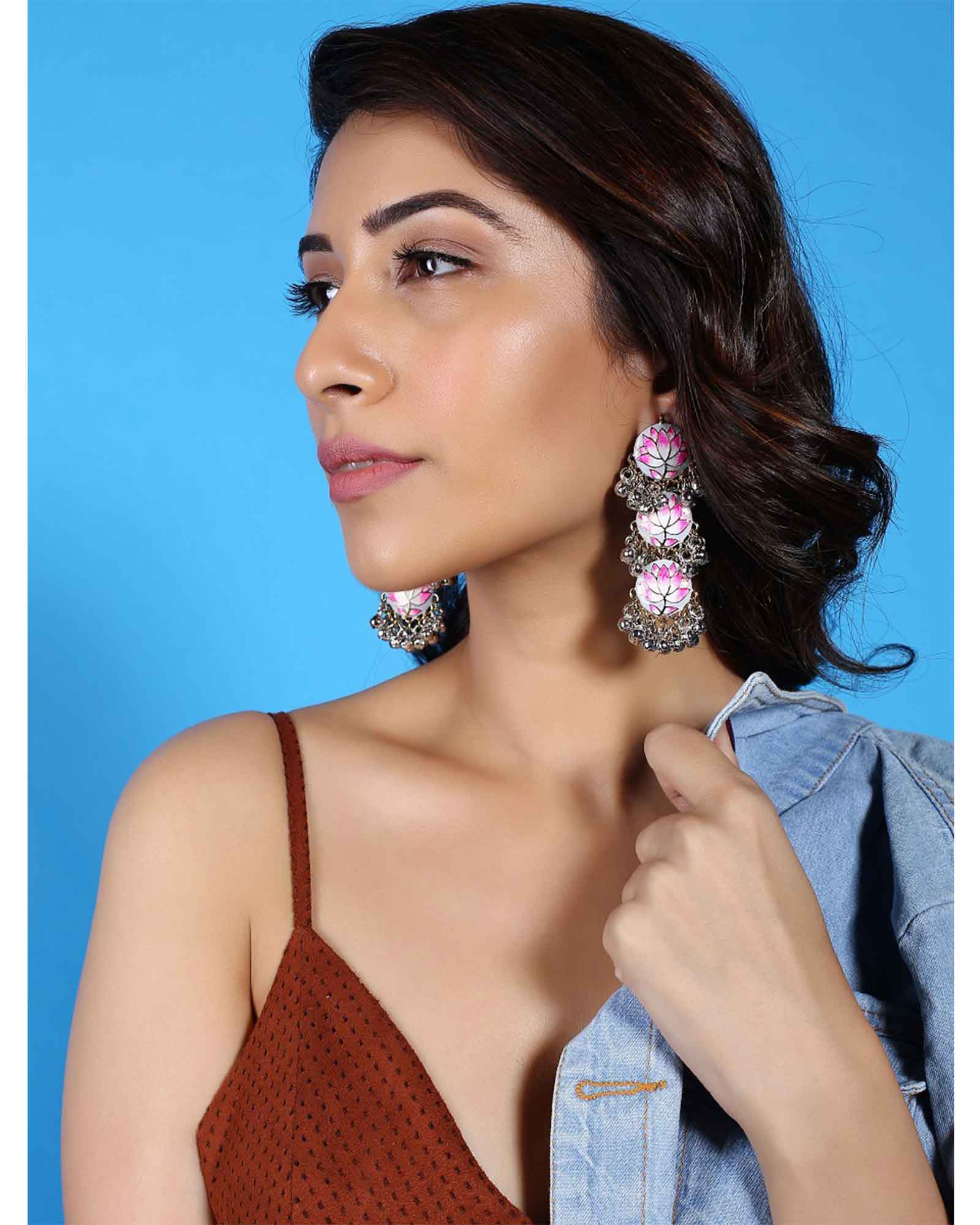 Pink Lotus Design Meenakari Earrings