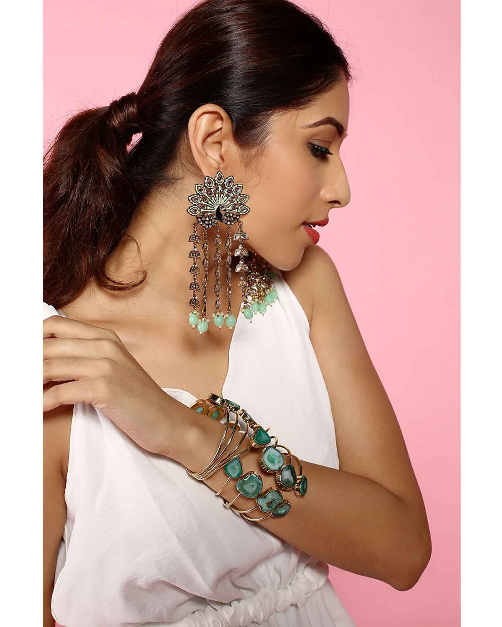 Mint Green Peacock Design Meenakari Statement Earrings