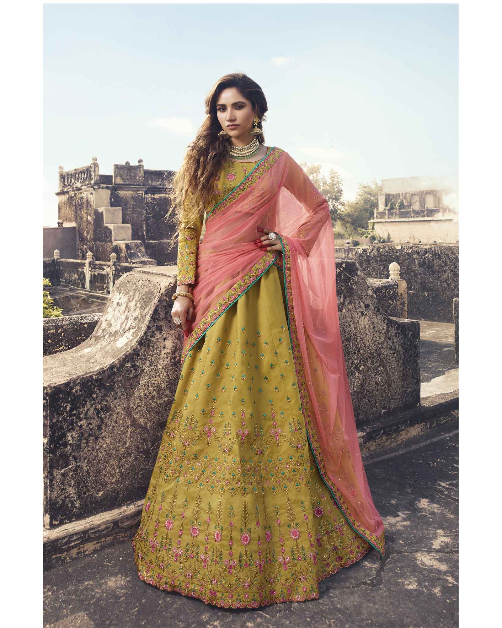 Mustard Embroidered Floral Buttis Bridal Lehenga Choli