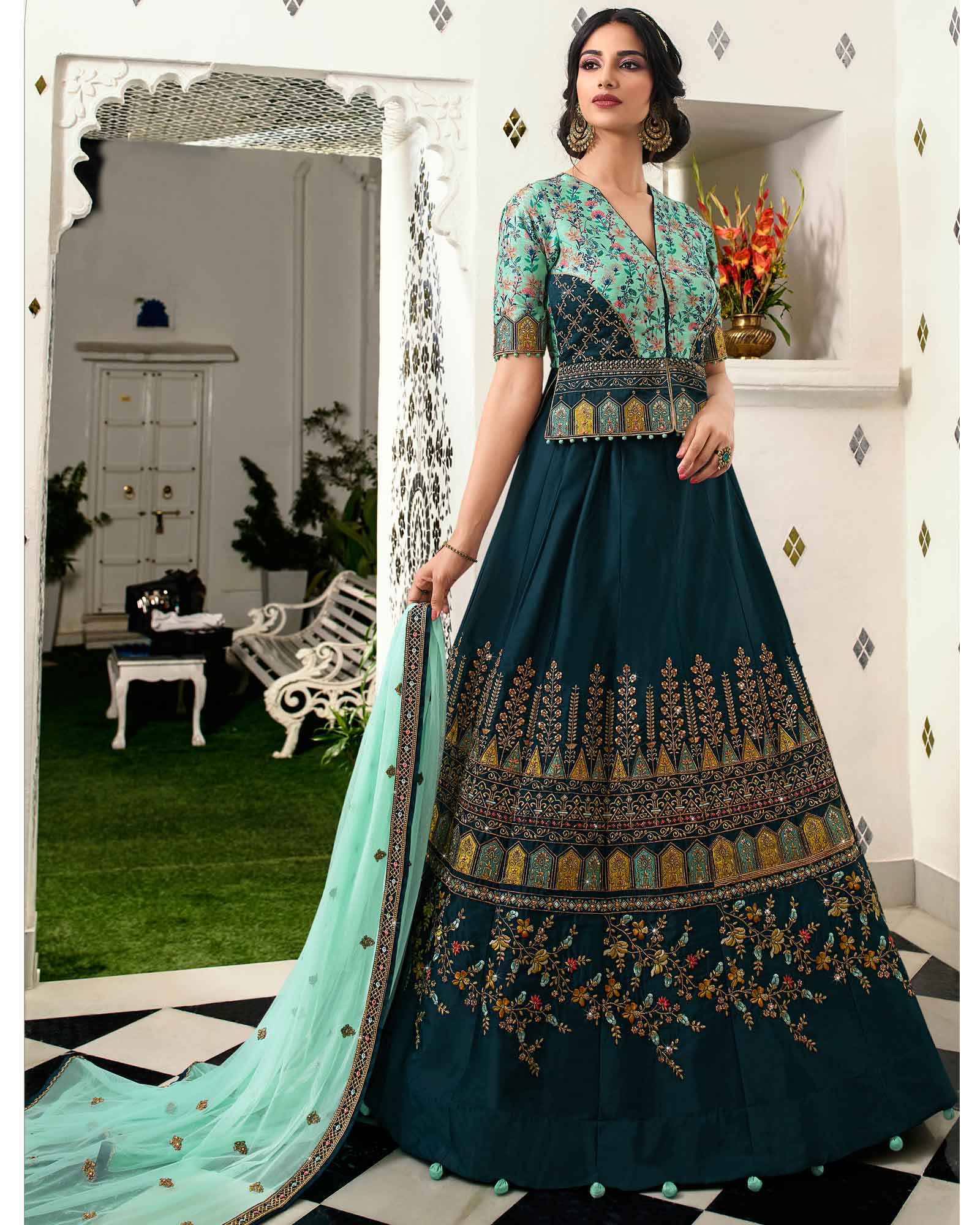 Navy Blue Lehenga With Zari Embroidered Sea Green Dupatta 