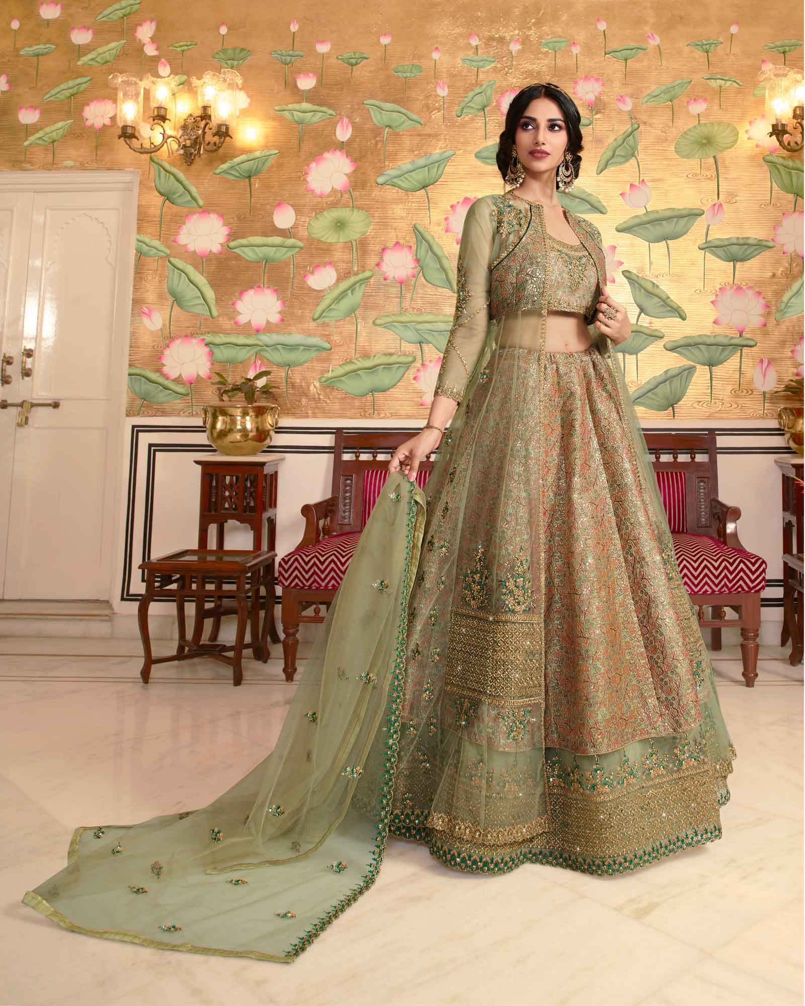 Green Embroidered Lehenga Choli With Jacket
