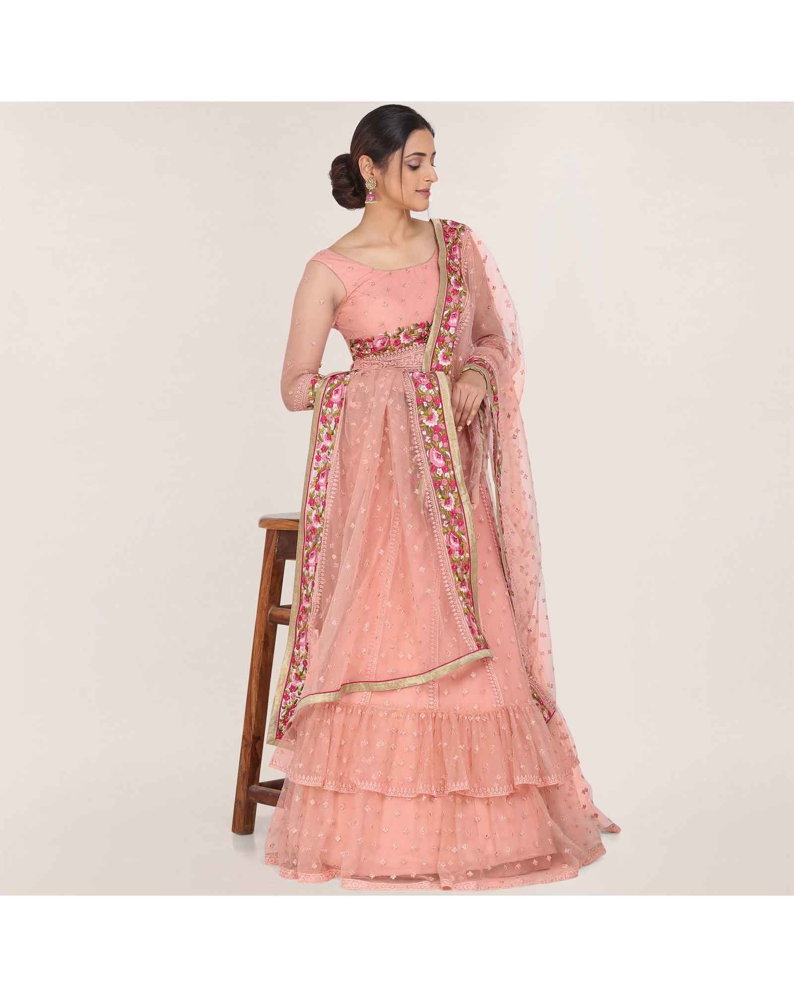 Peach Colour Ruffle Lehenga Choli With Dupatta