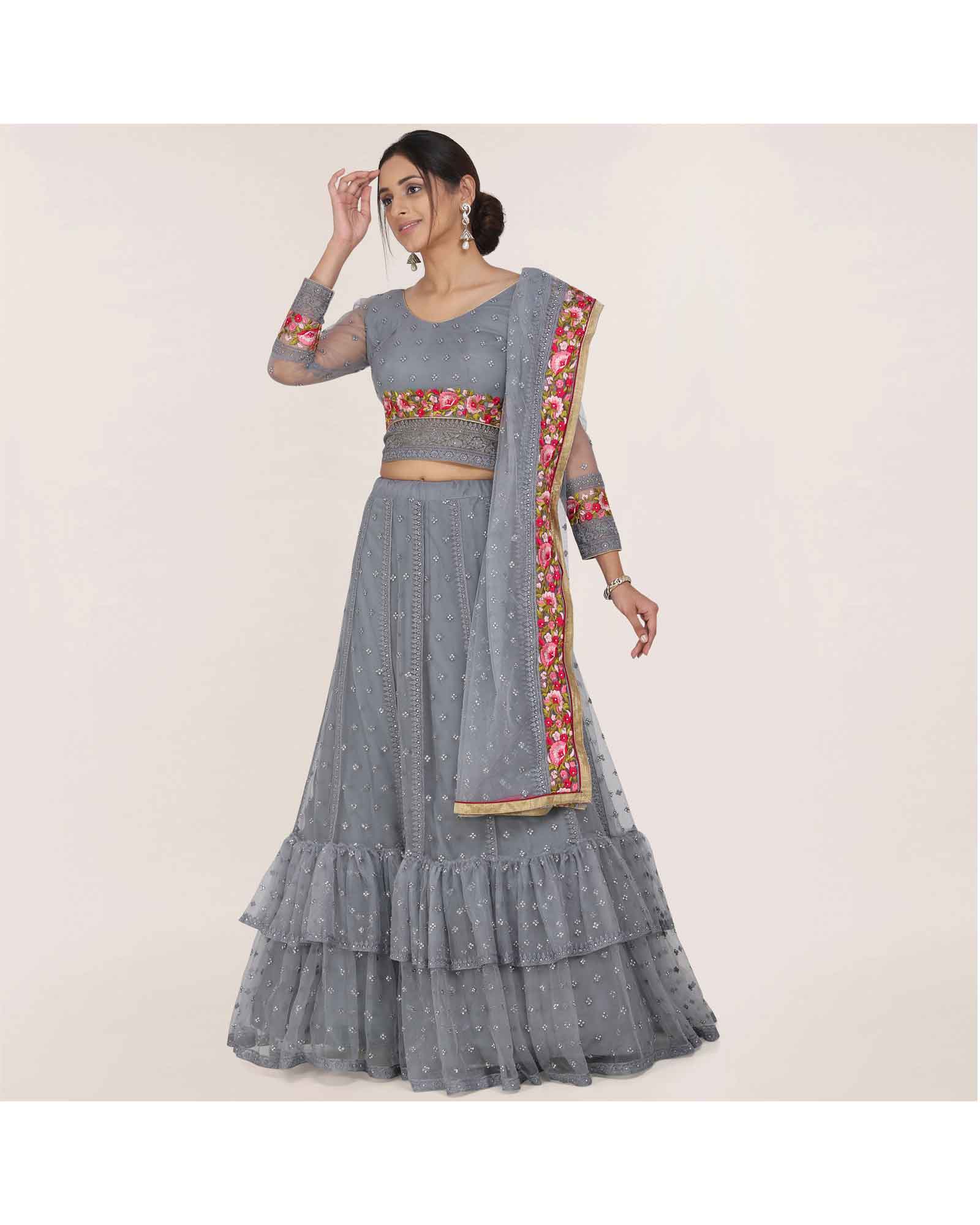 Twin Layered Grey Floral Work Lehenga Choli 