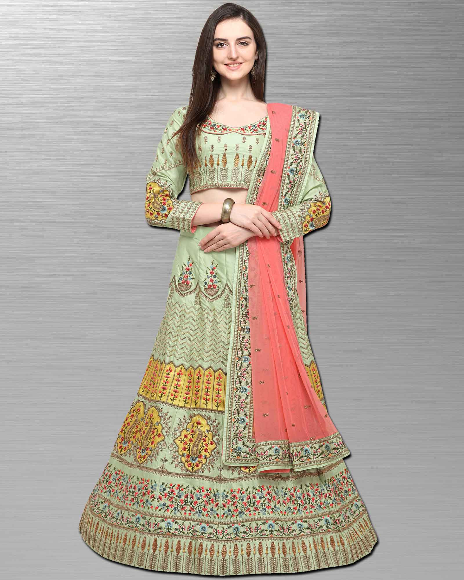 Light Green Thread Work Silk Lehenga Choli 