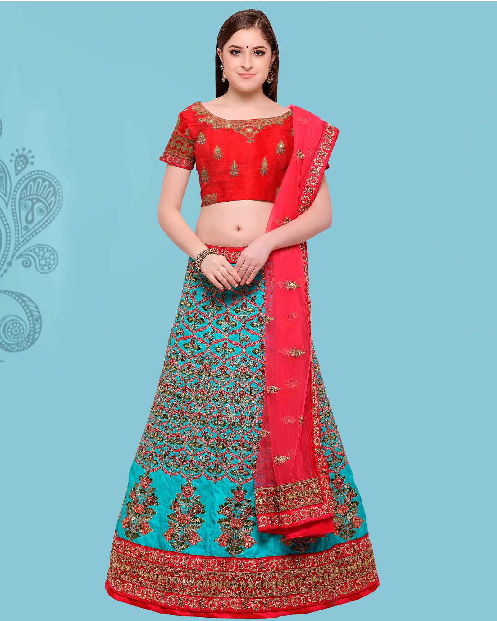 Turquoise Zari Work Lehenga Choli With Pink Dupatta