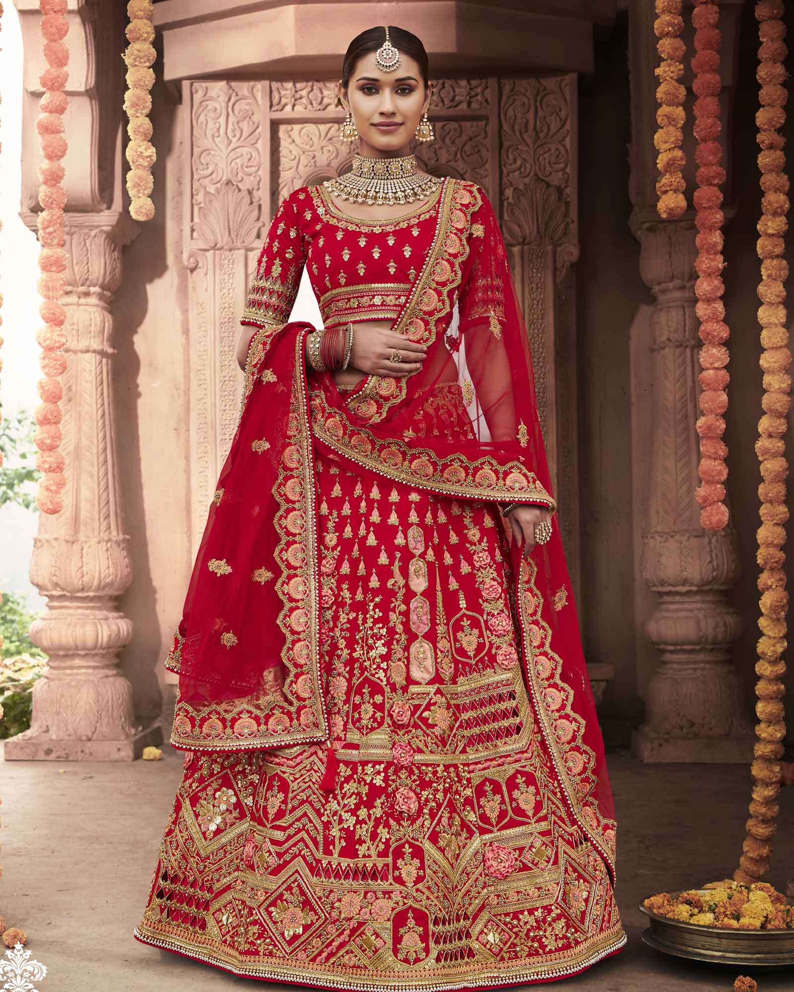 Crimson Red Silk Bridal Lehenga Choli With Heavy Thread Embroidery And Stone Work