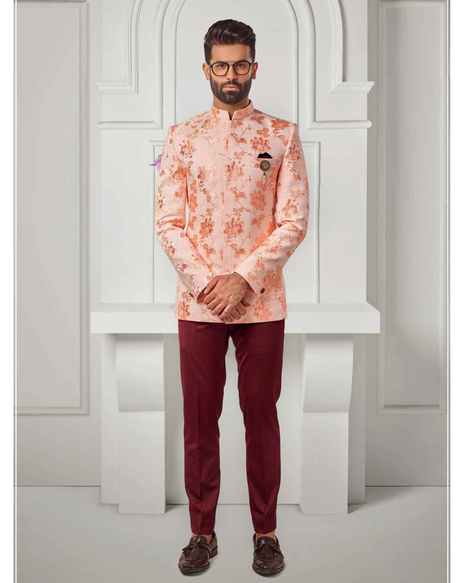 Peach Floral Pattern Italian Silk Jodhpuri Suit - 4821/1