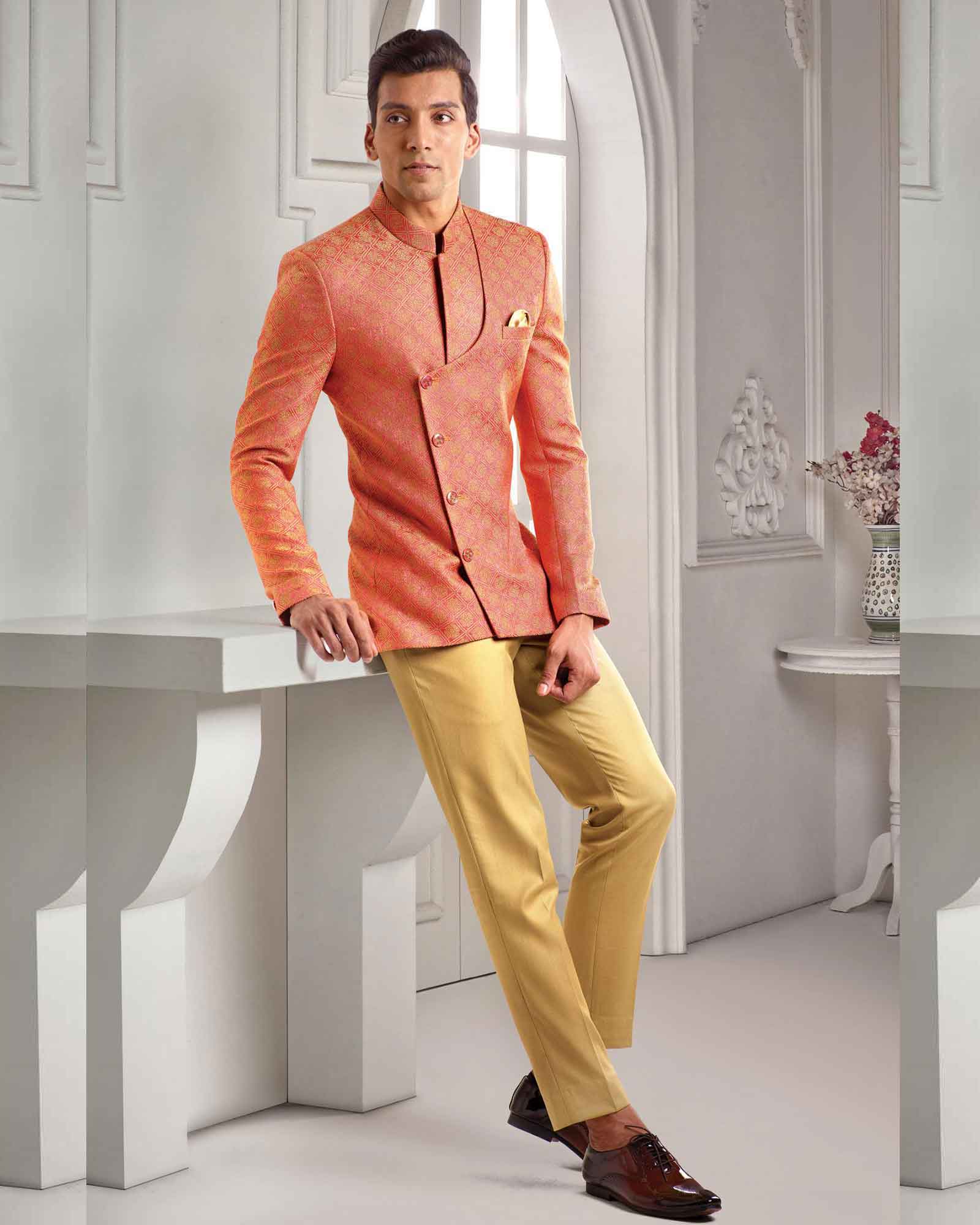 Peach Zari Weaved Silk Jodhpuri Suit - 9138/2