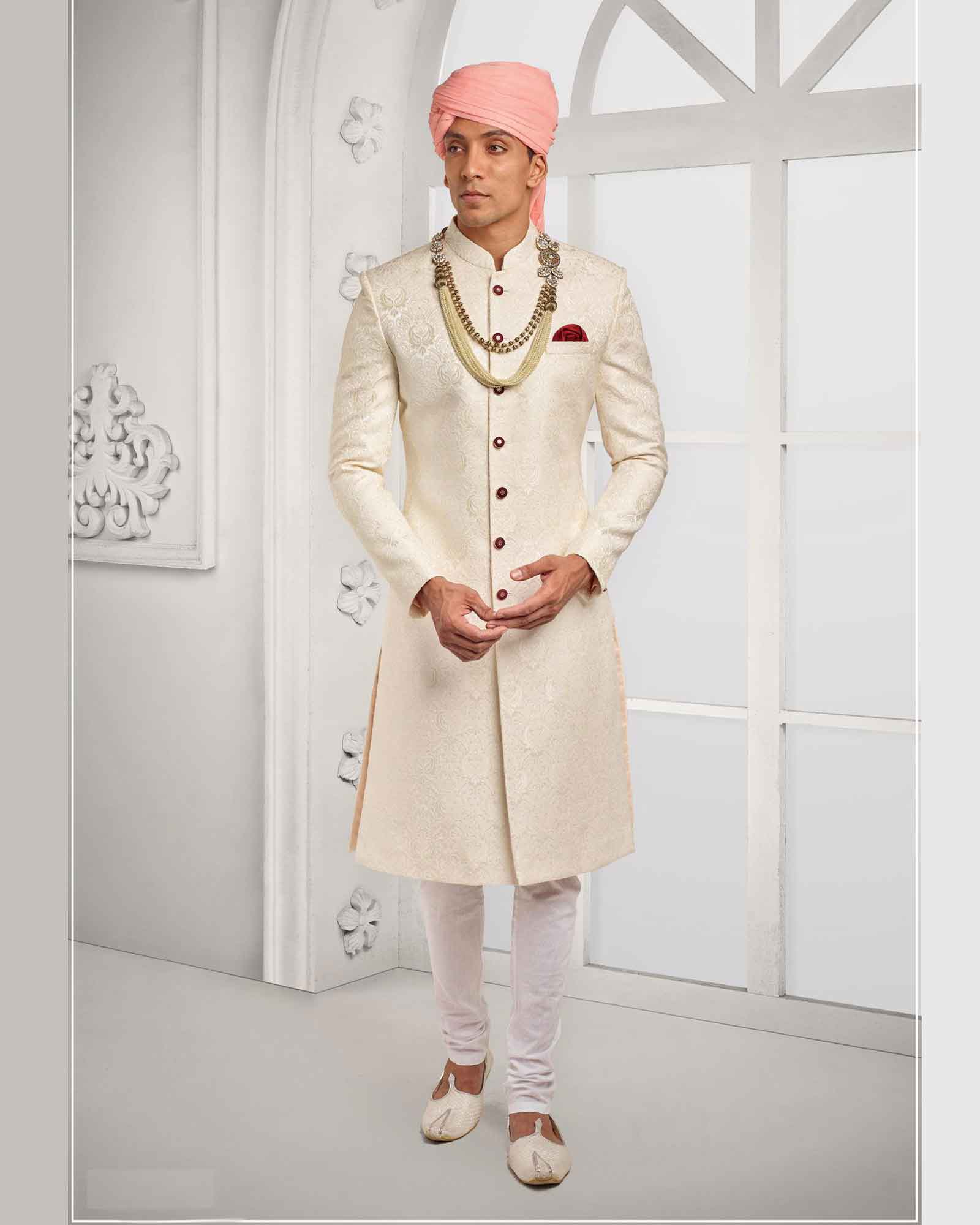 Off White Resham Thread Work Indowestern Sherwani - 4784/2
