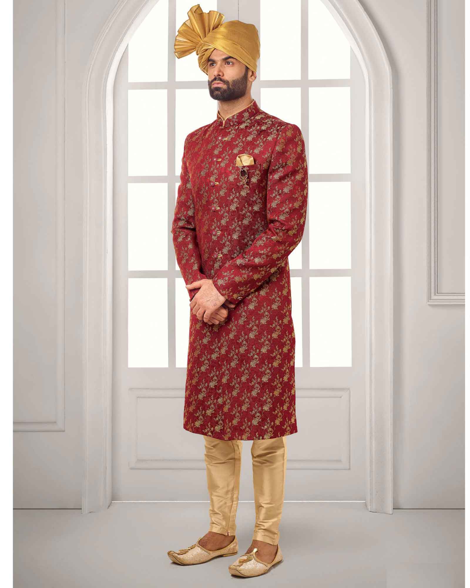 Red Zari Work Silk Indowestern Set - 9137/6