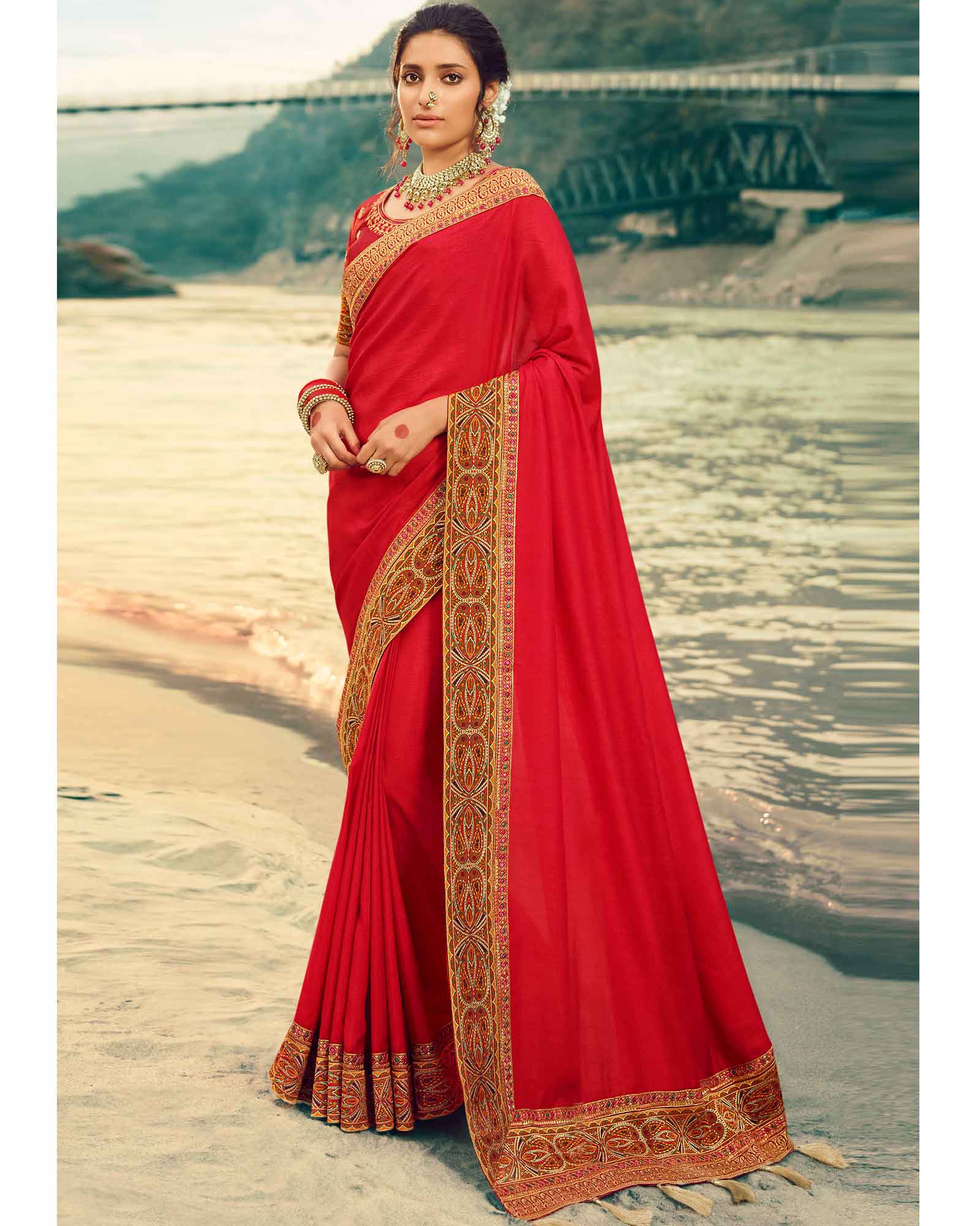 Red Heavy Border Thread Work Silk Saree