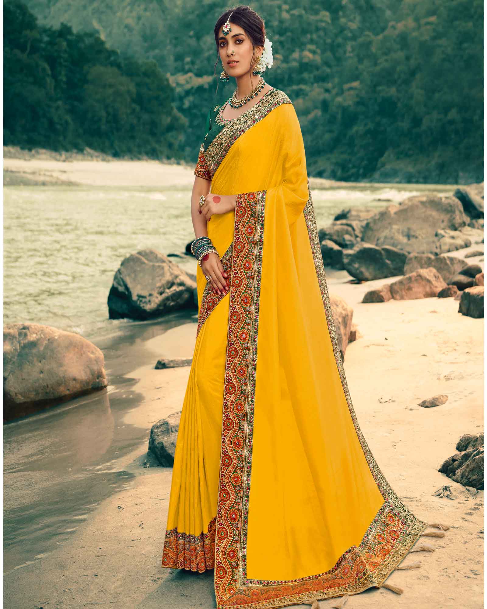 Yellow Colour Heavy Border Golden Work Silk Saree 