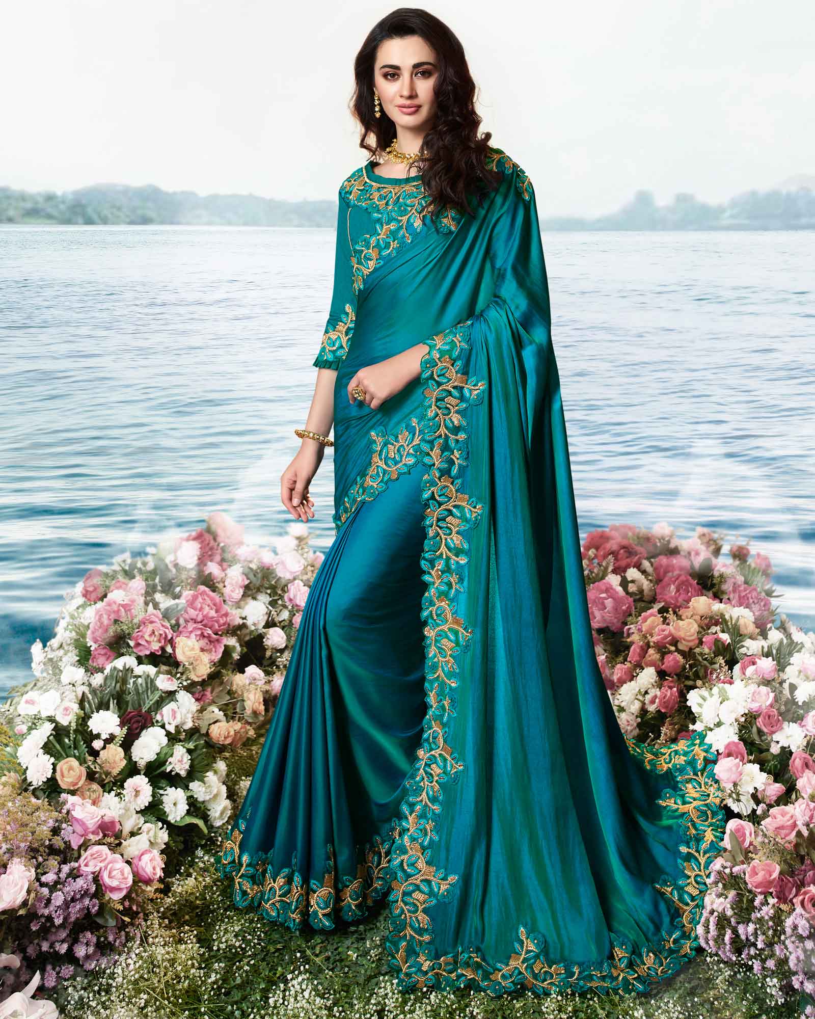 Teal Party Wear Silk Saree
