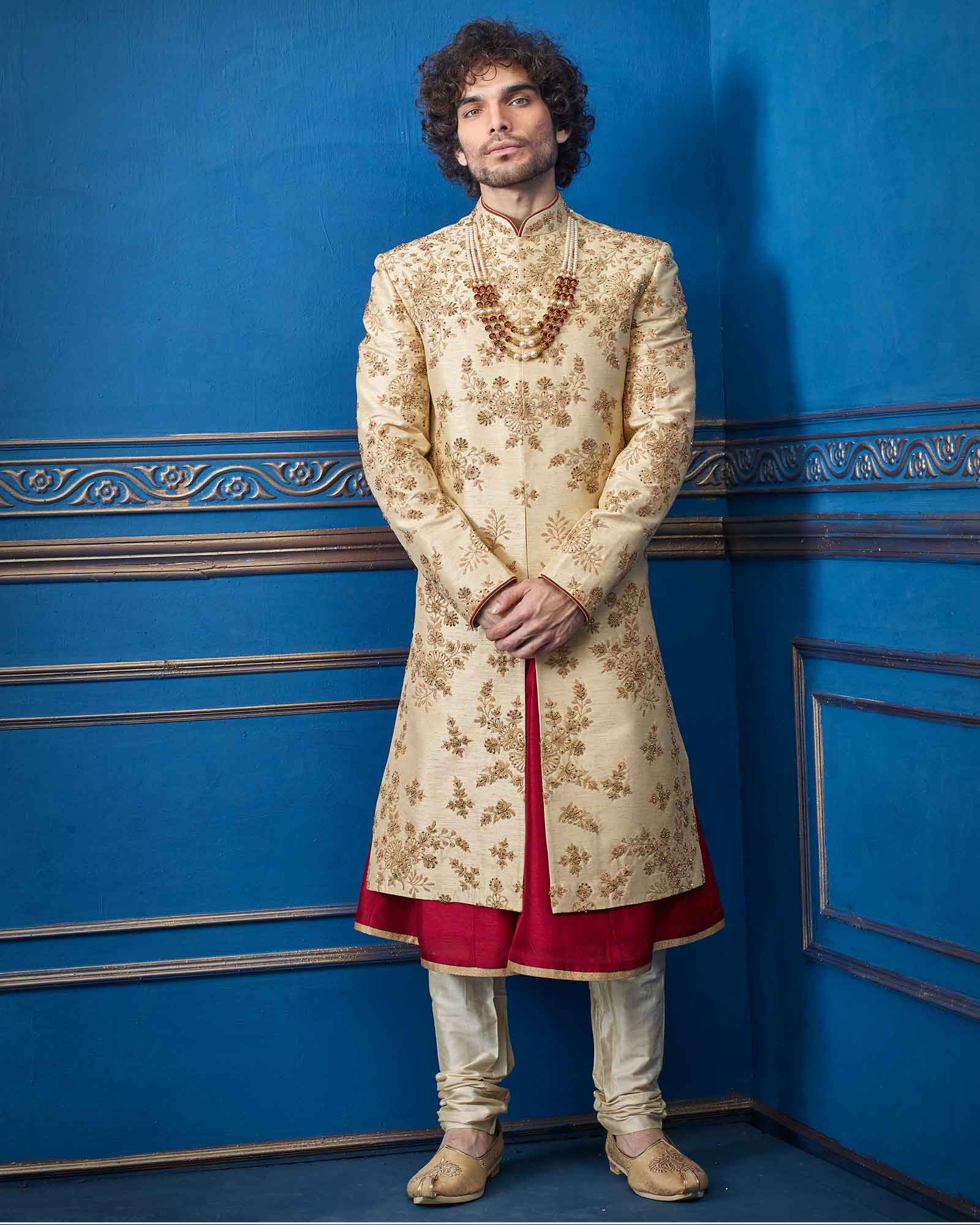 Beige Raw Silk Sherwani For Groom Wear - RCS2221