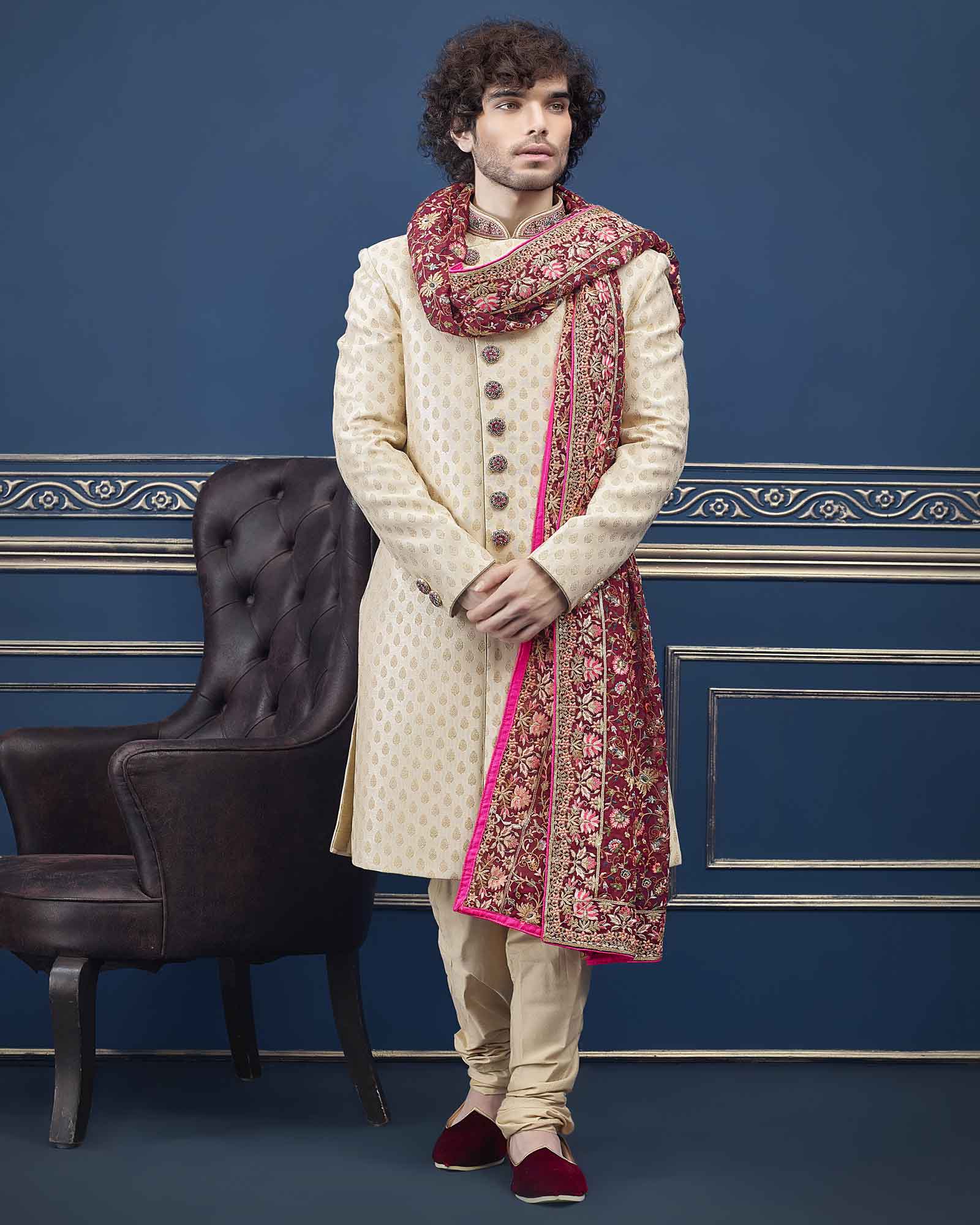 Beige Silk Sherwani With Heavy Embroidery - RCS2273