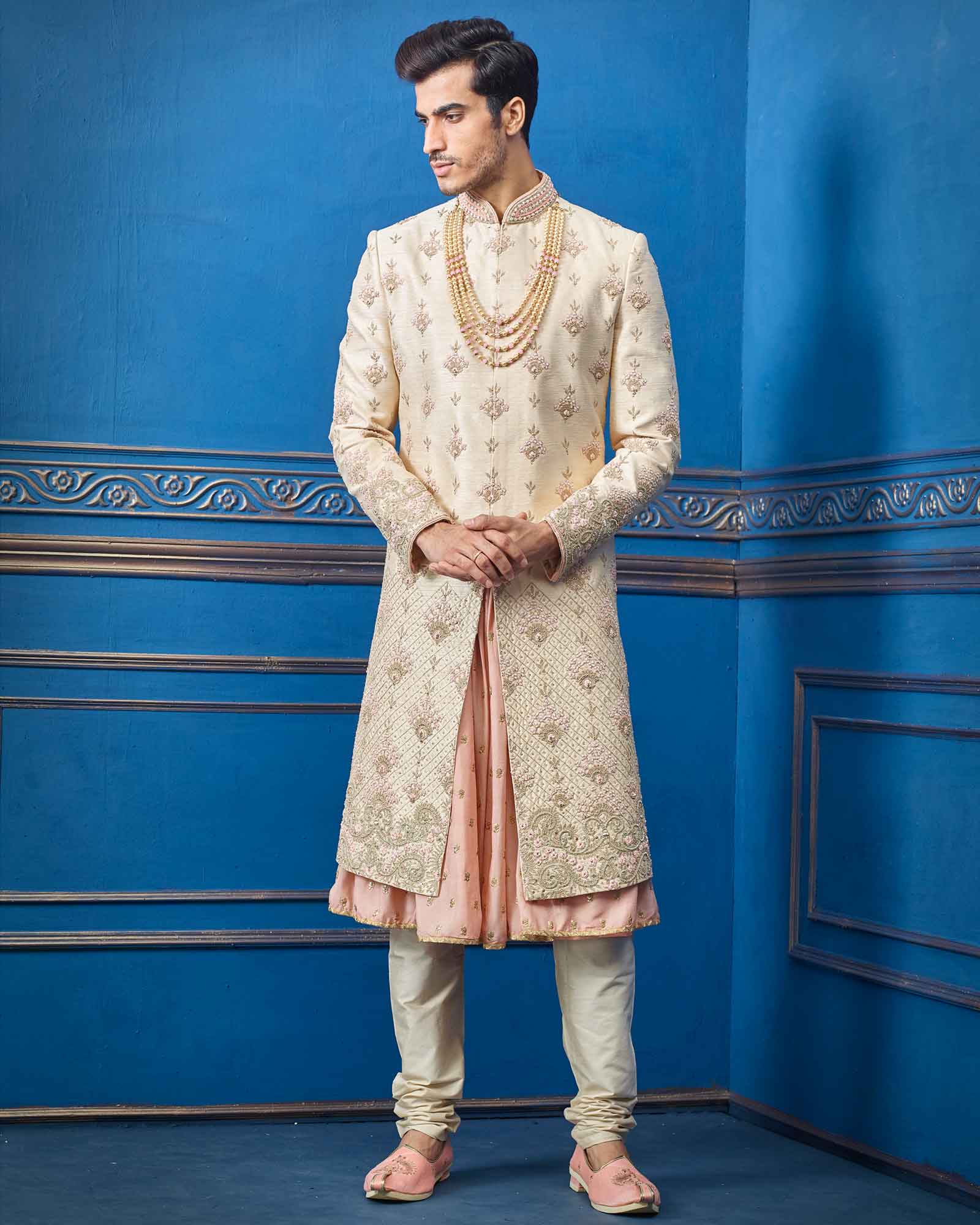 Raw Silk Beige And Peach Sherwani - RCS2292