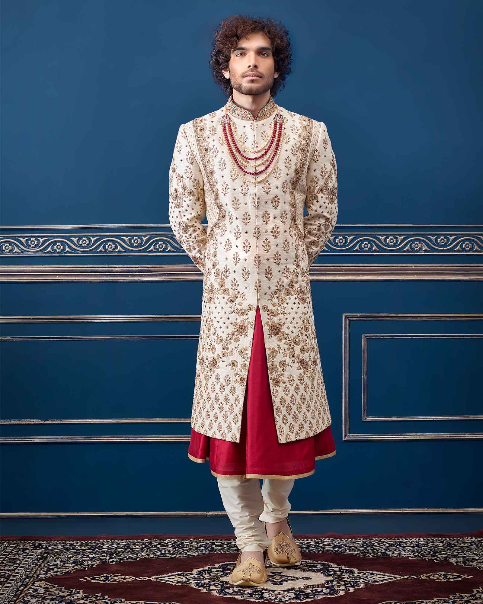 Cream Maroon Raw Silk Embroidered Groom Sherwani Dress - RCS2325