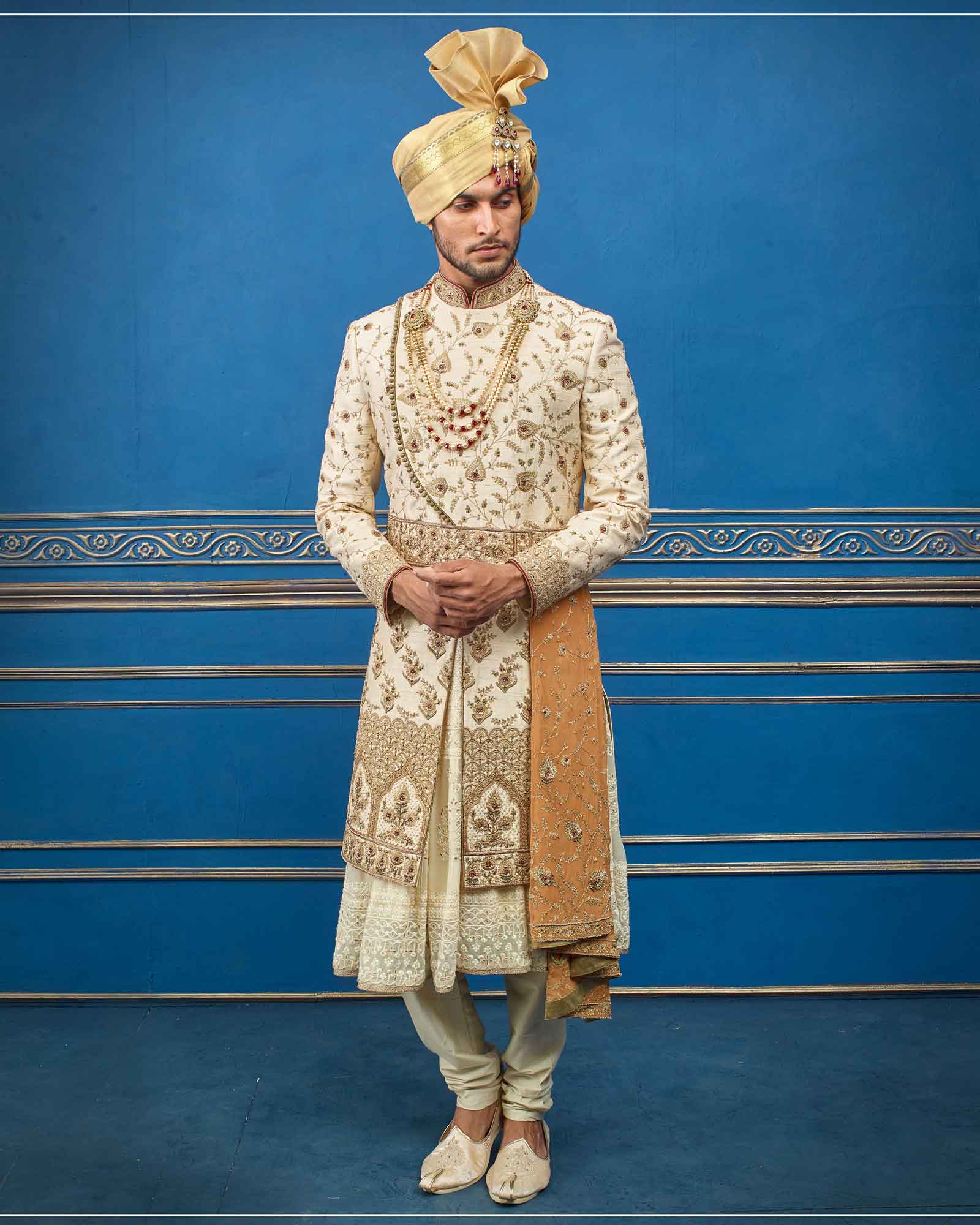 Cream Double Layer Raw Silk Sherwani With Churidar - RCS2349