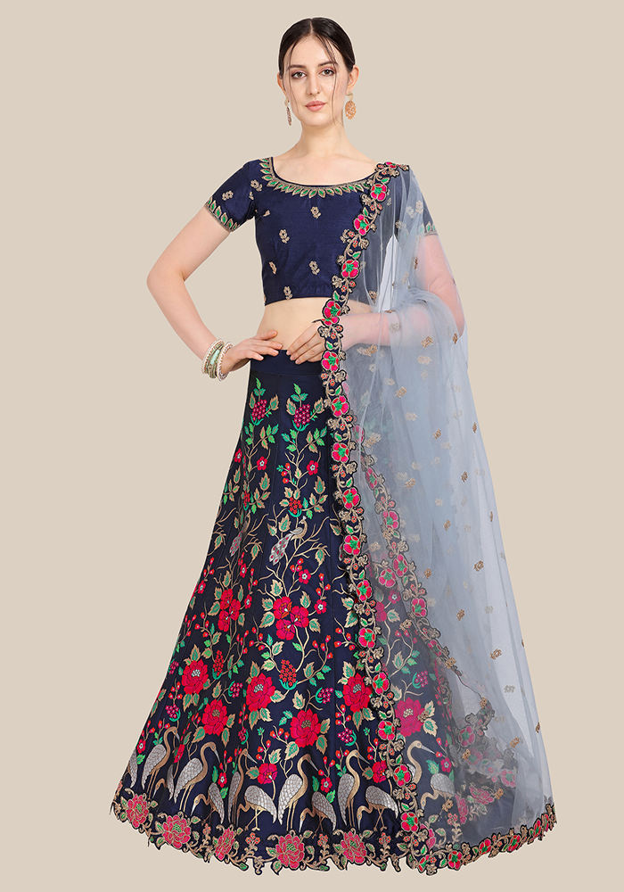 Navy Blue Banarasi Semi Stitched Lehenga & Choli with Dupatta