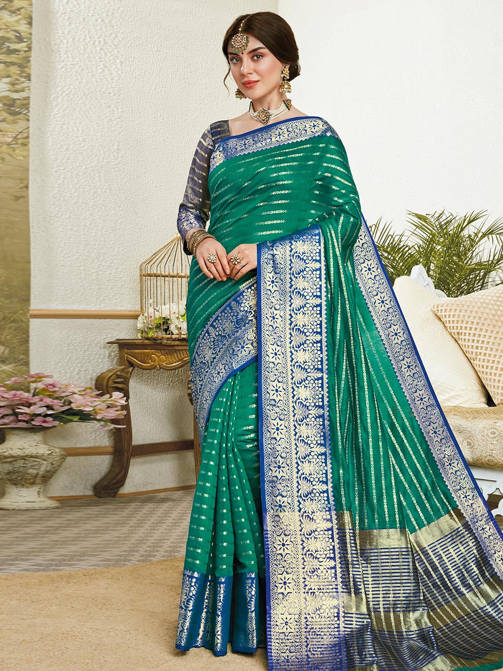 Green Striped Banarasi Silk Jacquard Saree