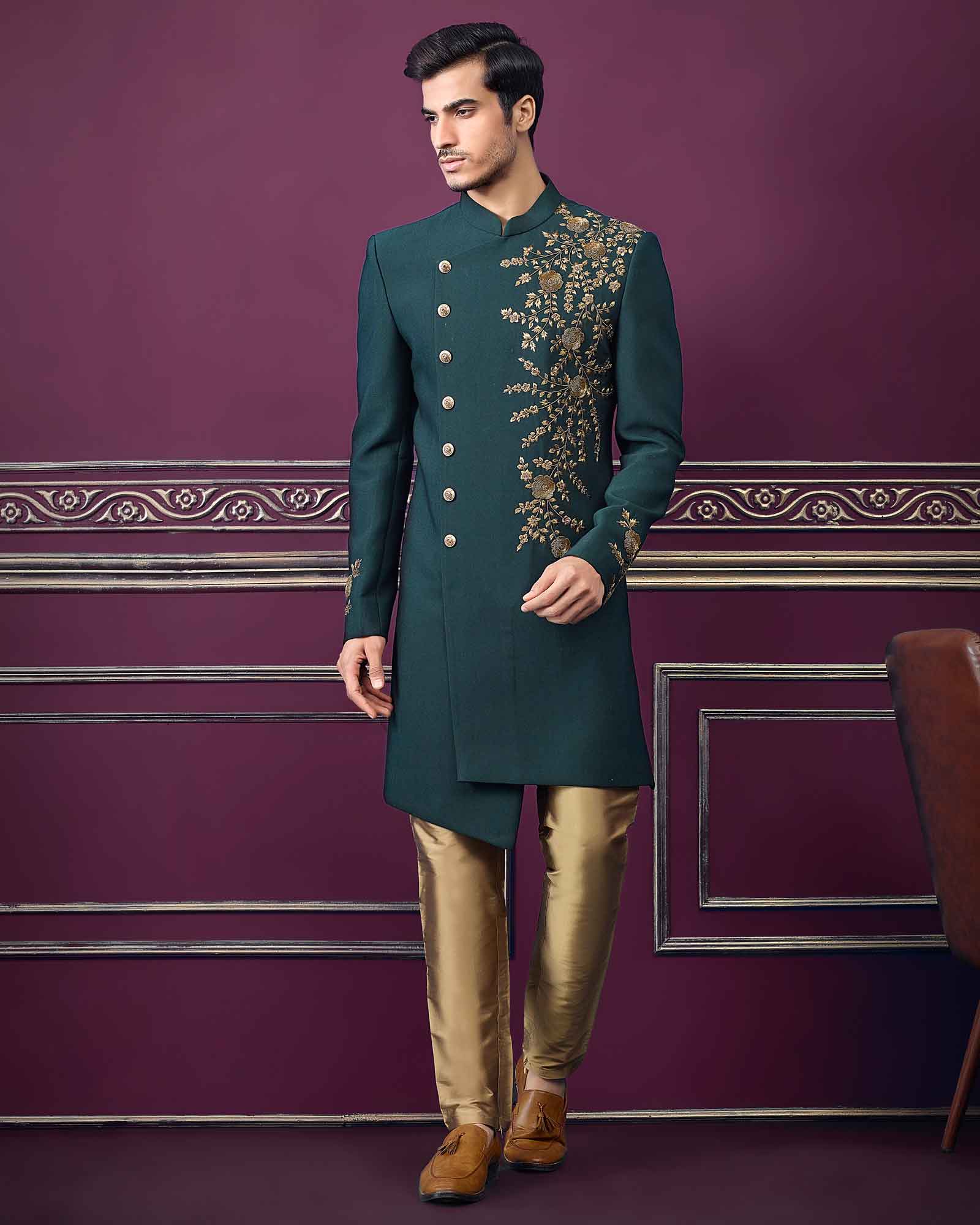 Bottle Green Embroidered Indo Western In Italian - RCI334