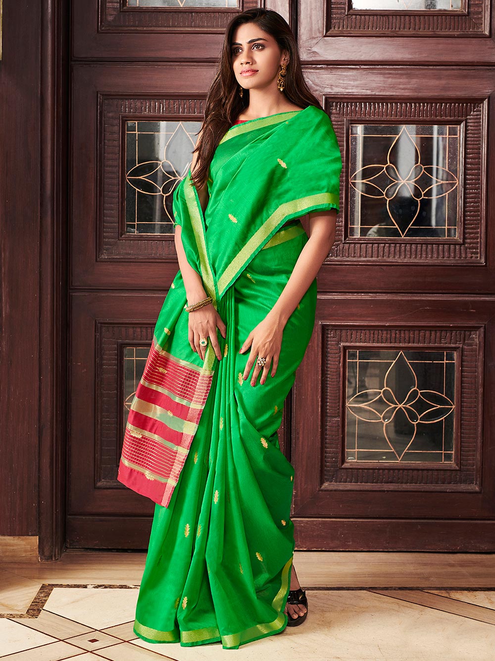 Parrot Green Chanderi Silk Jacquard Saree