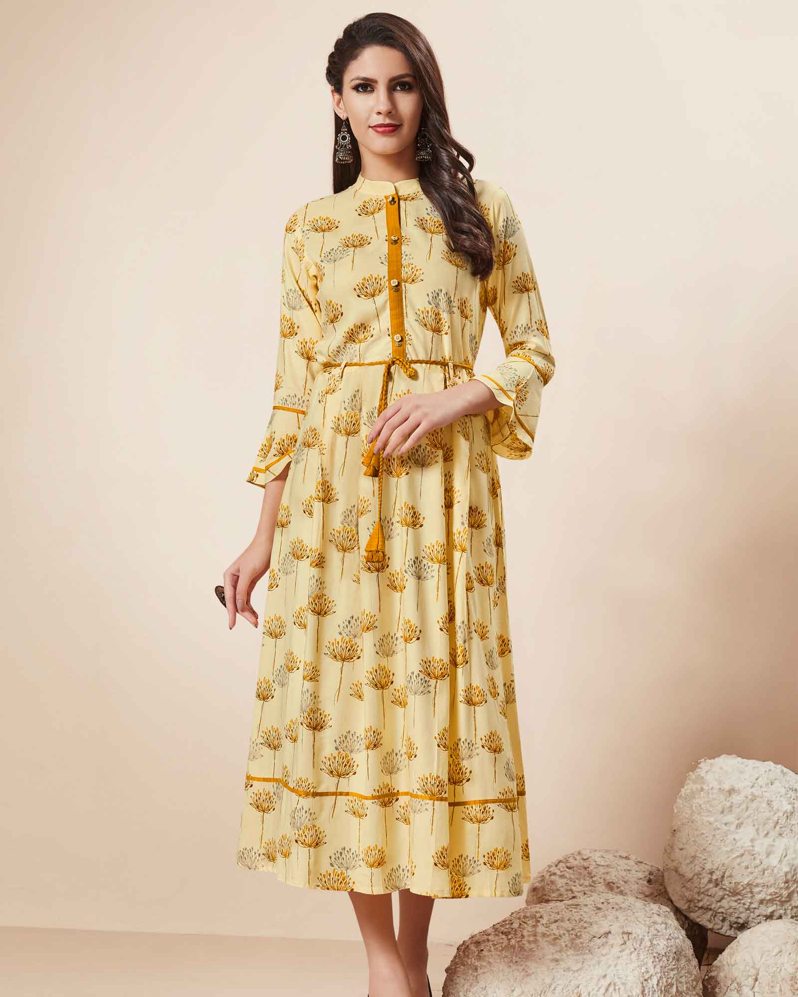 Yellow Floral Printed Long Kurti
