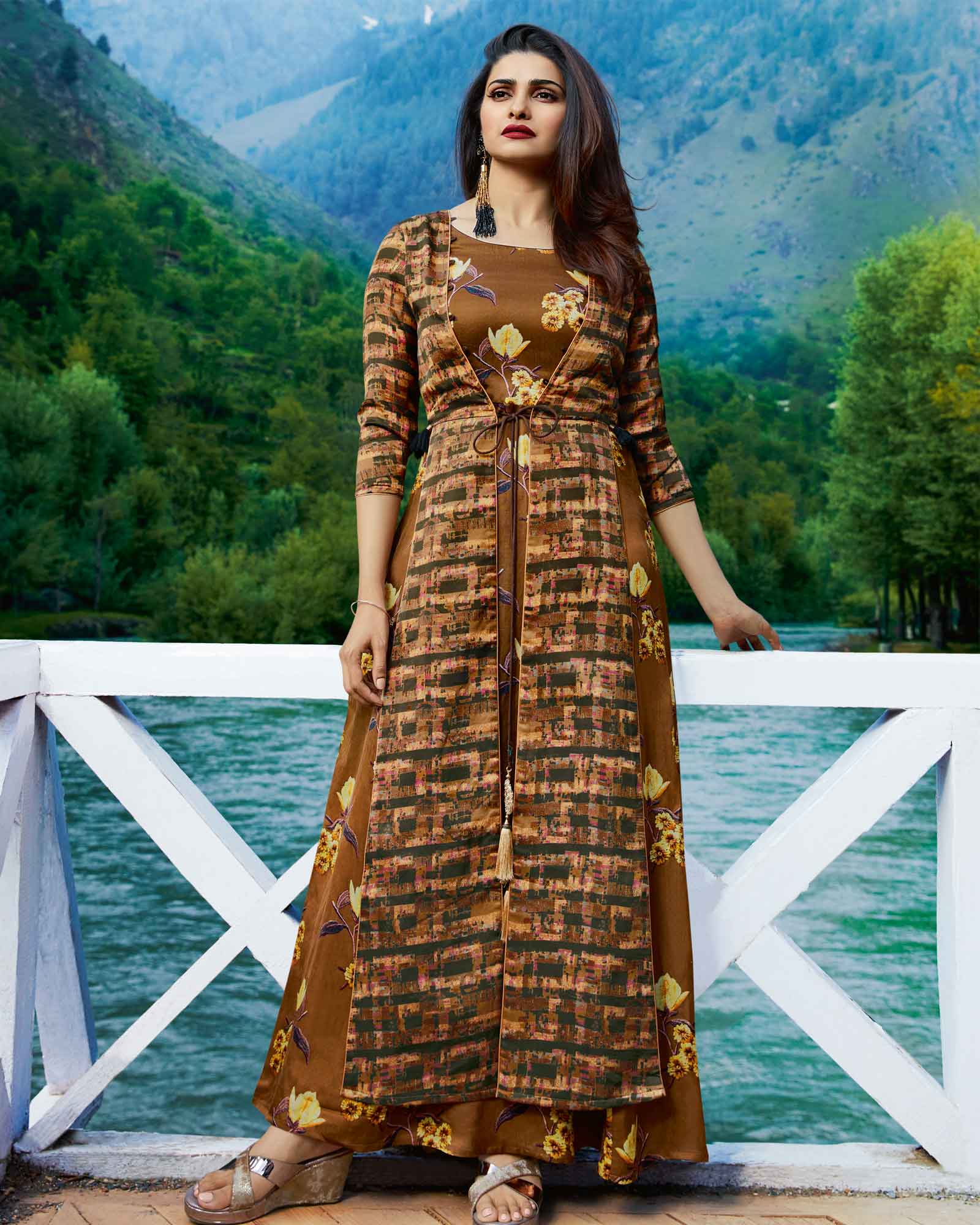Brown Printed Kurti with Jacket