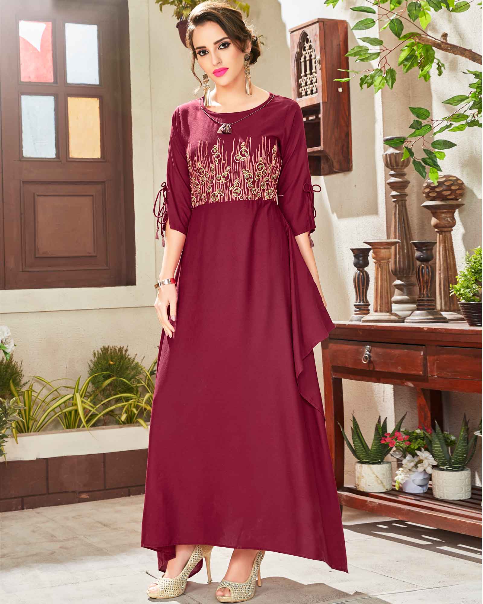 Dark Pink Partywear Embroidered Kurti 