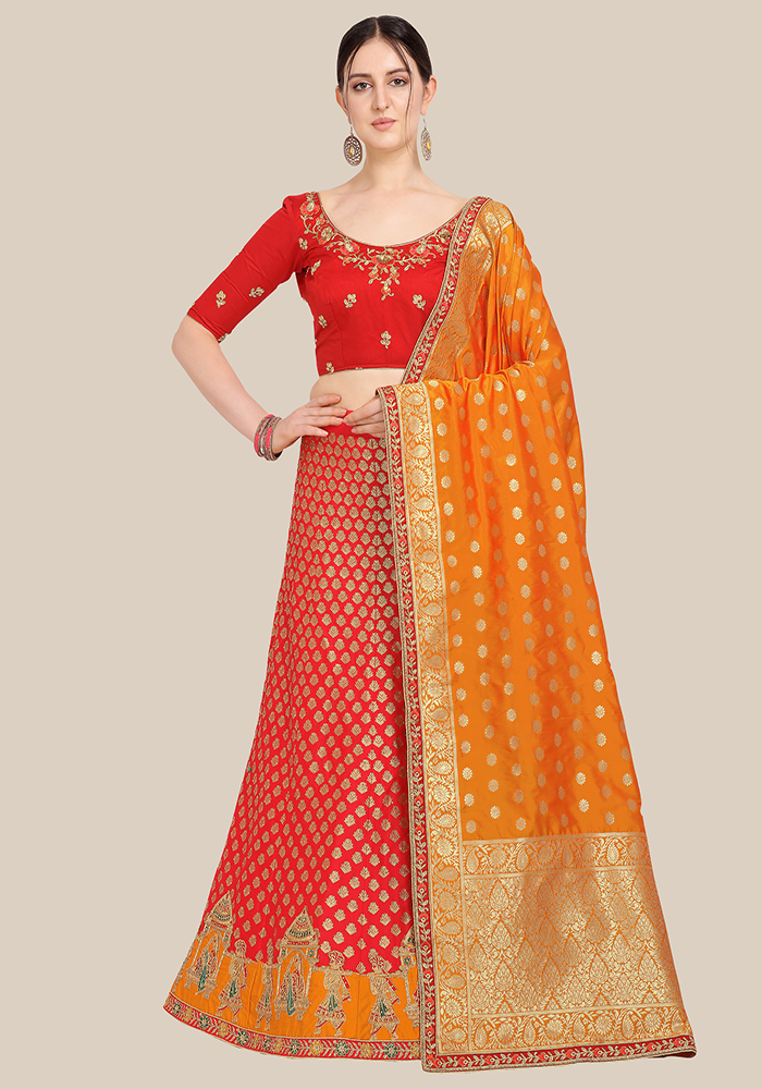 Red & Orange Banarasi Semi Stitched Lehenga & Choli with Dupatta
