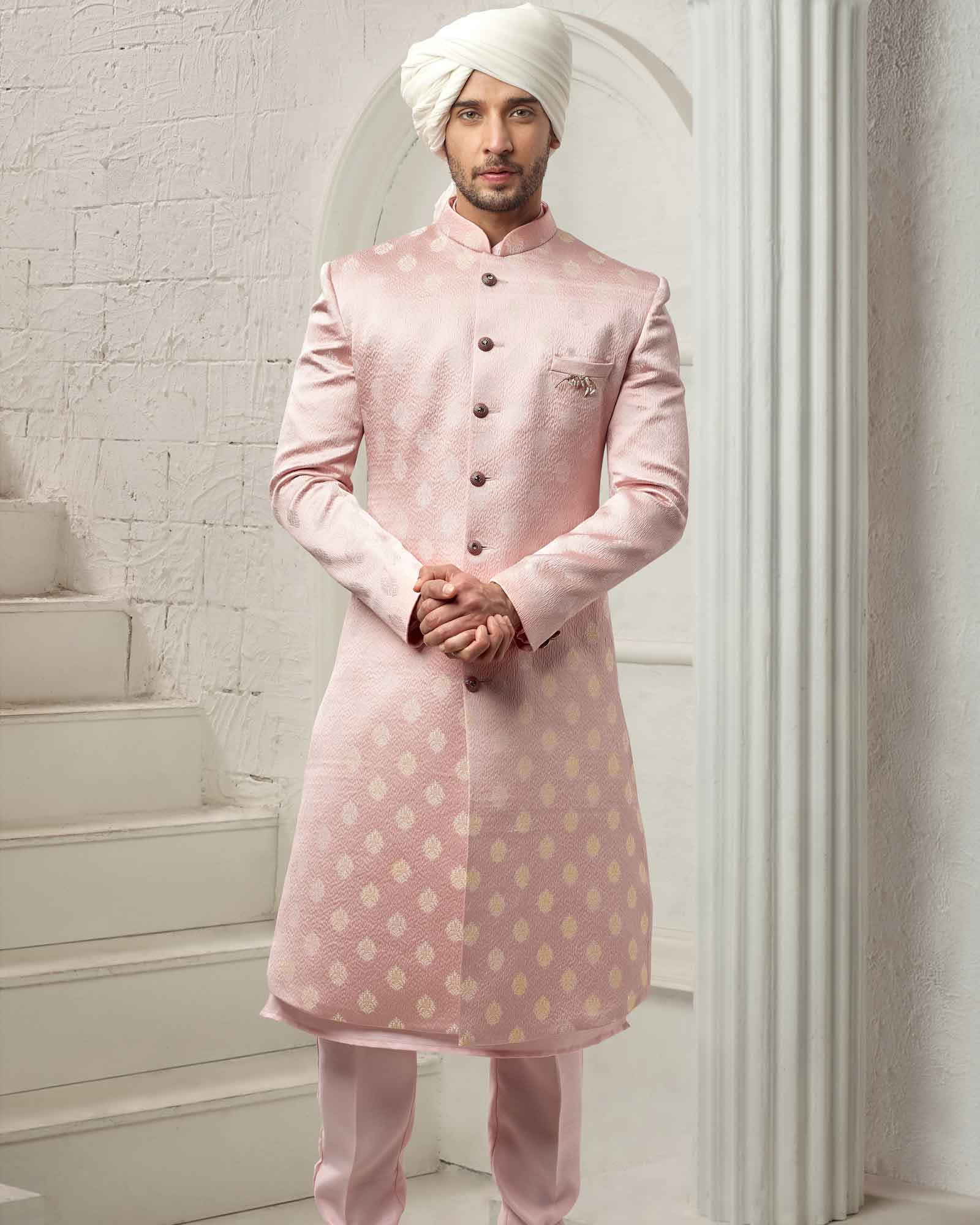 Powder Pink Resham Thread Silk Indowestern - ASPI9152/3