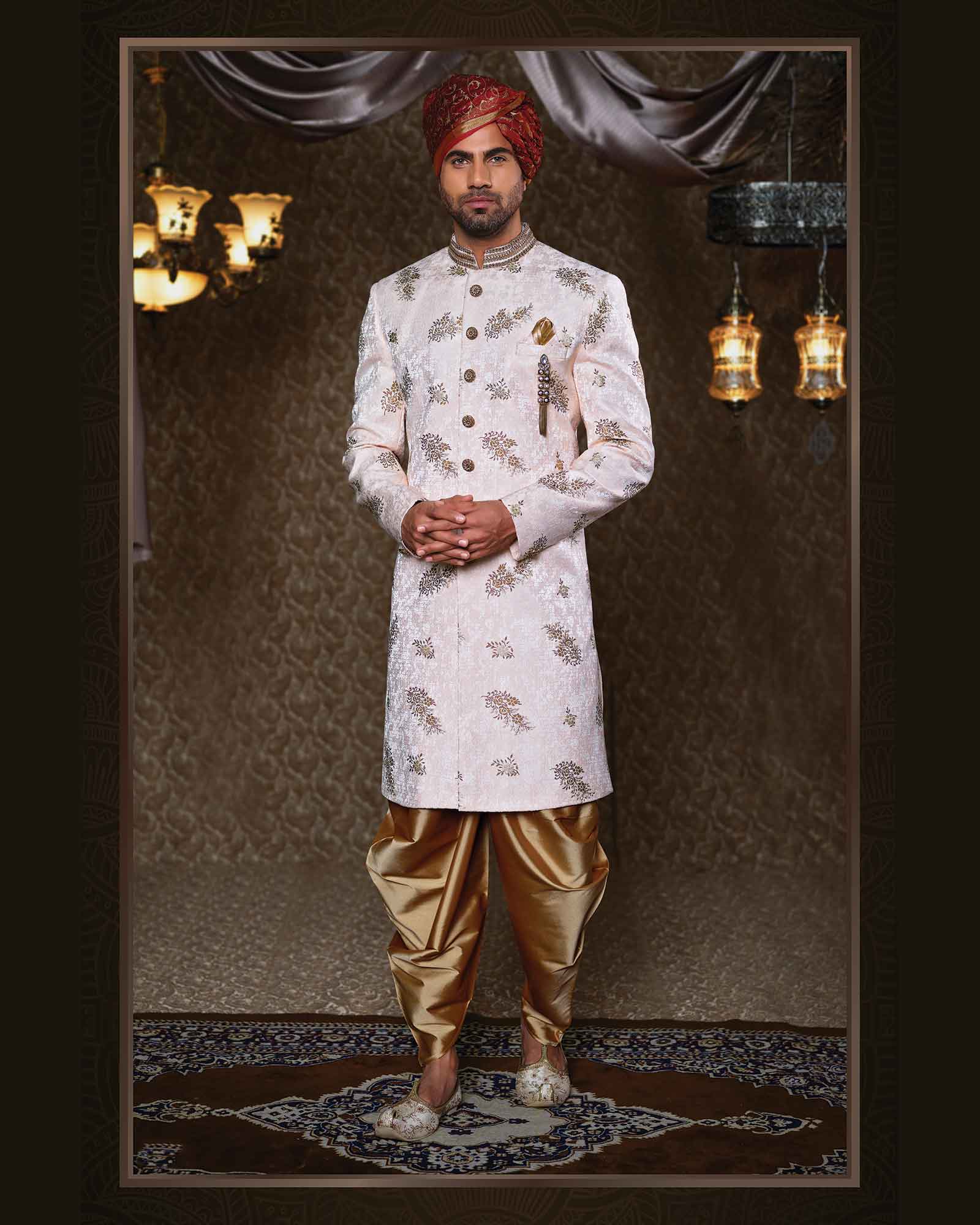 White Zari Print and Embroidery Sherwani in Silk - ASPE4177