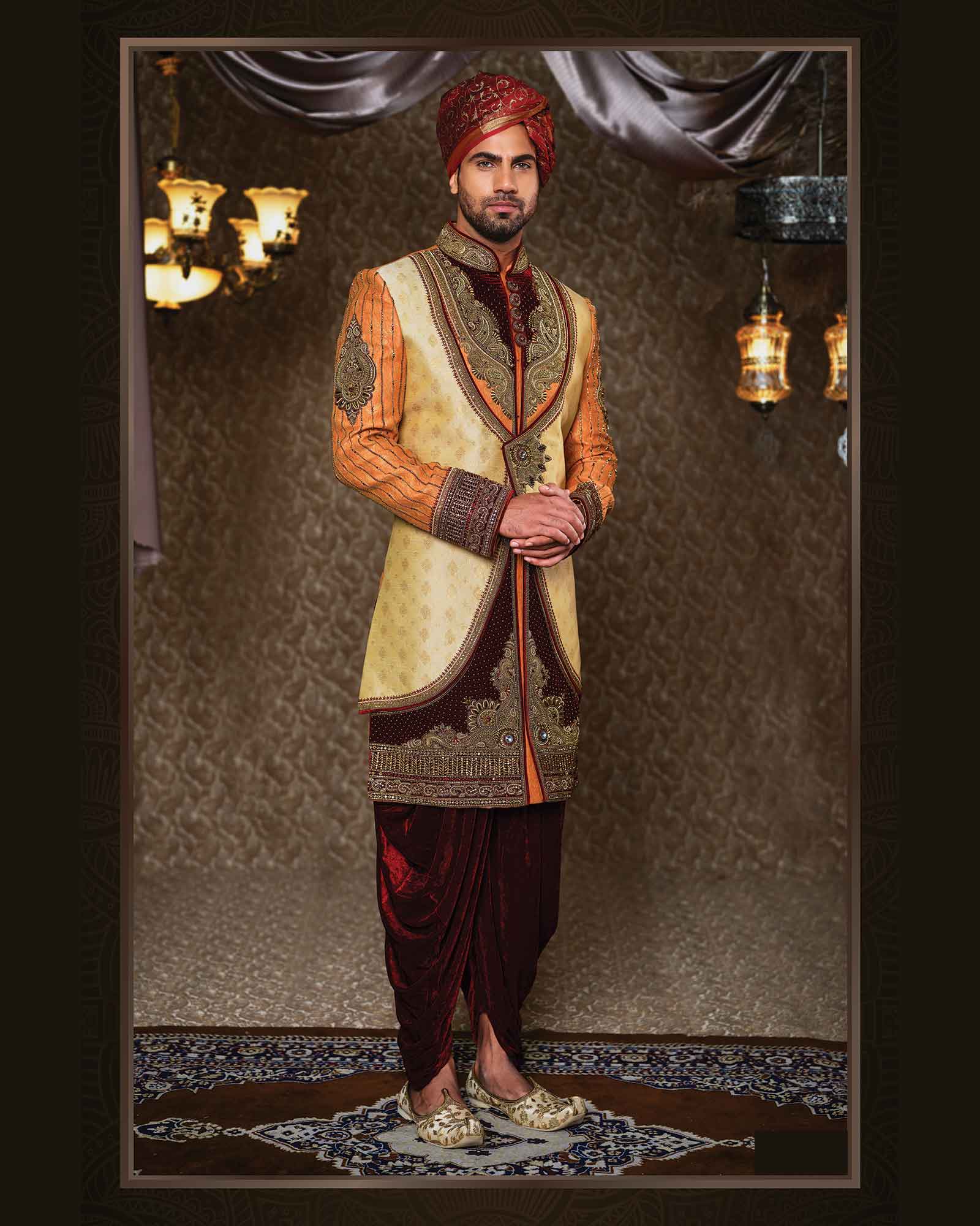 Yellow Hand Work Heavy Sherwani for Groom - ASPE4276