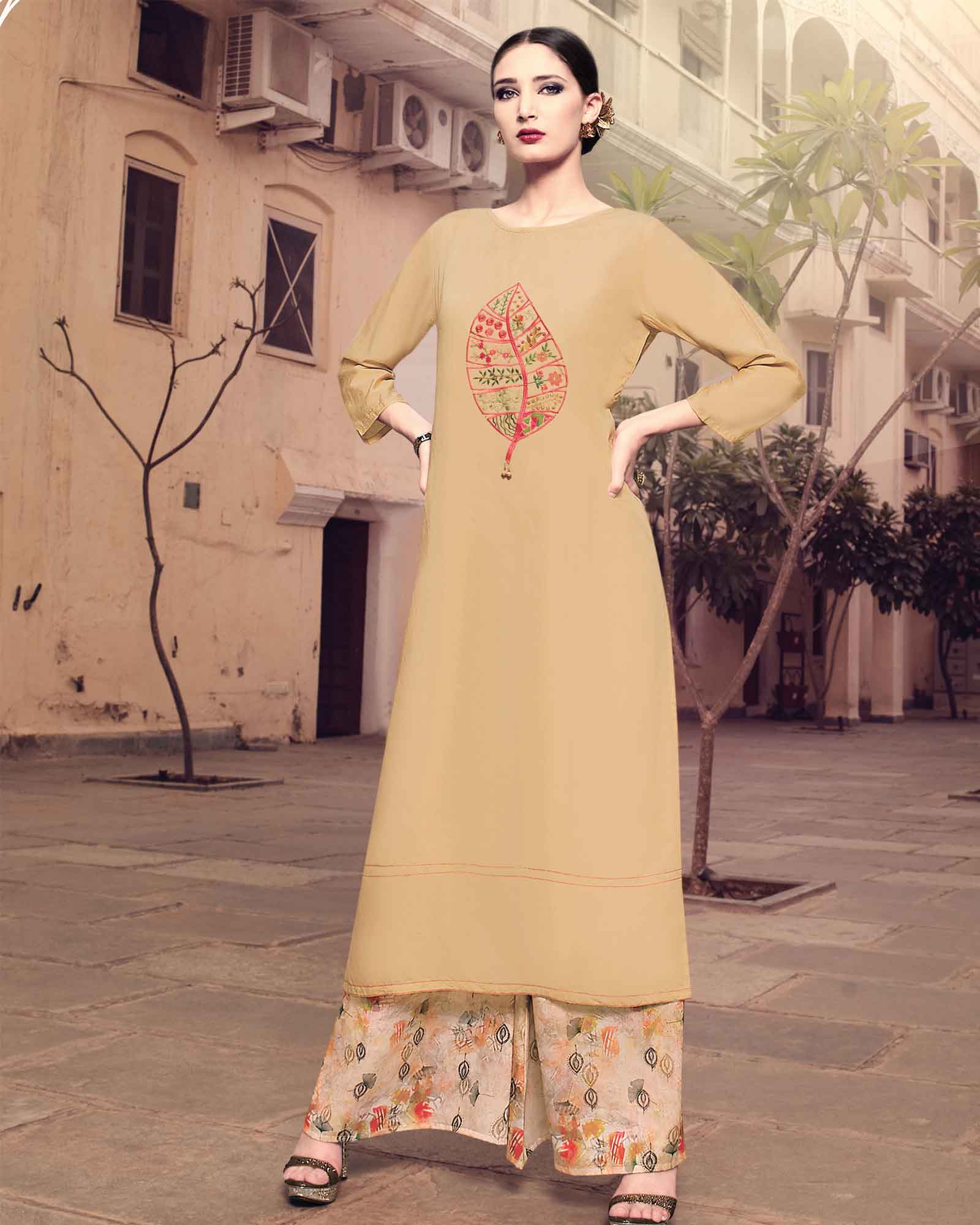 Beige Festive Wear Kurta And Palazzo 