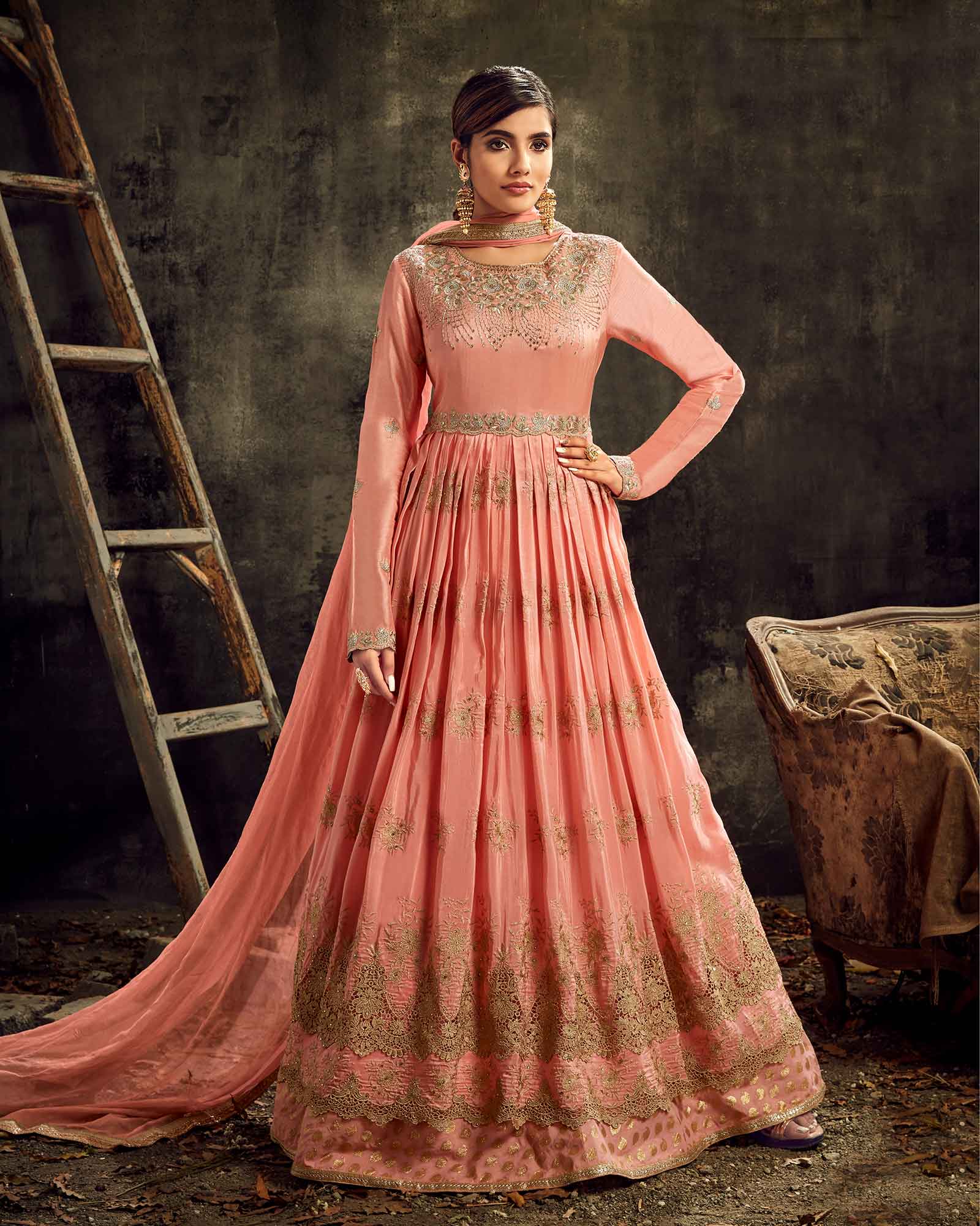 Peach Silk Embroidred Anarkali Suit