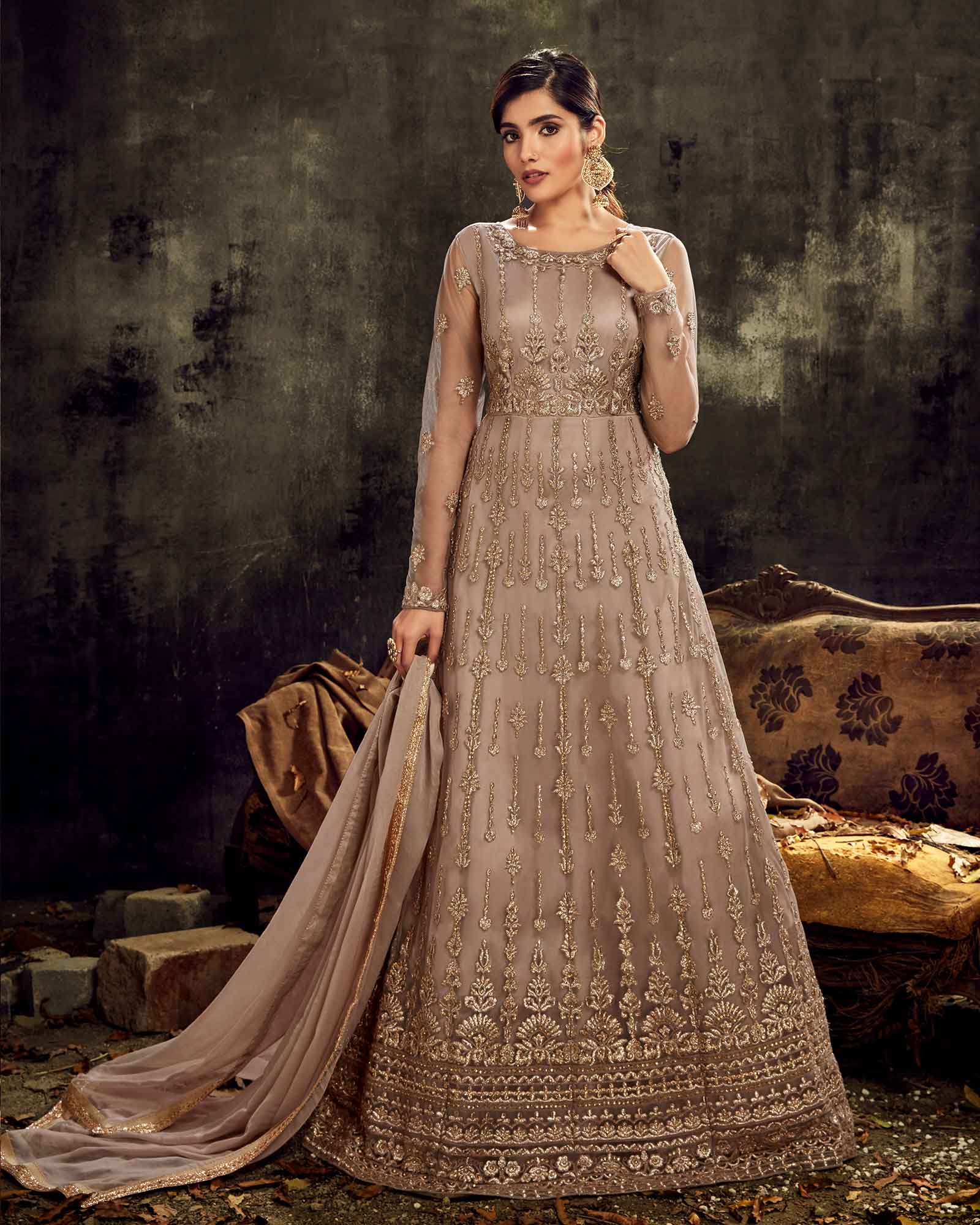 Brown Net Embroidred Anarkali Suit