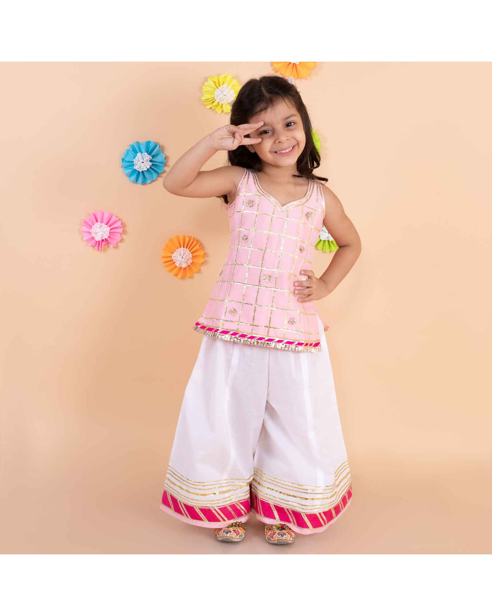 Baby Pink And White Sharara Set With Gota Detailing 