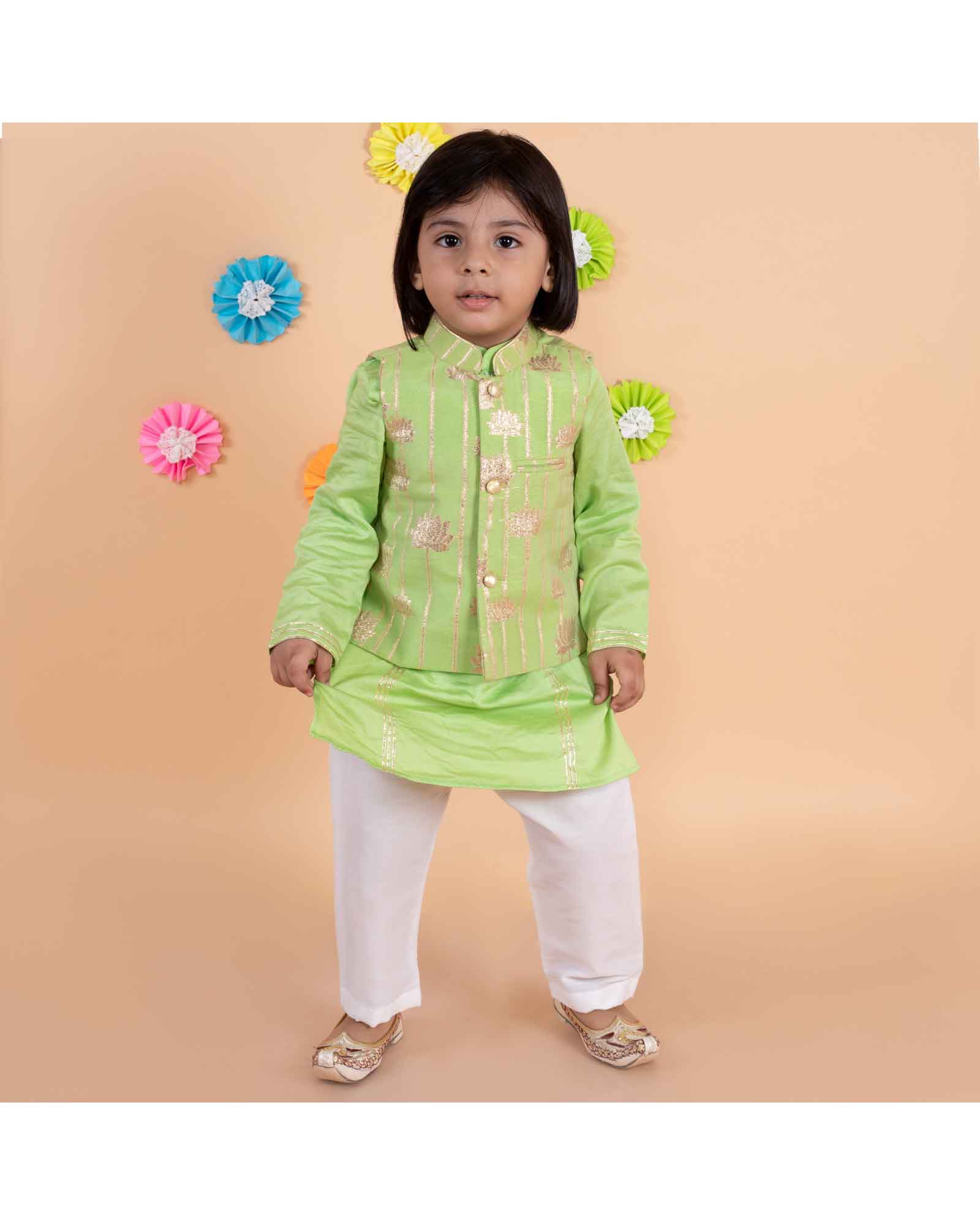 Parrot Green Golden Nehru Jacket Kurta Set