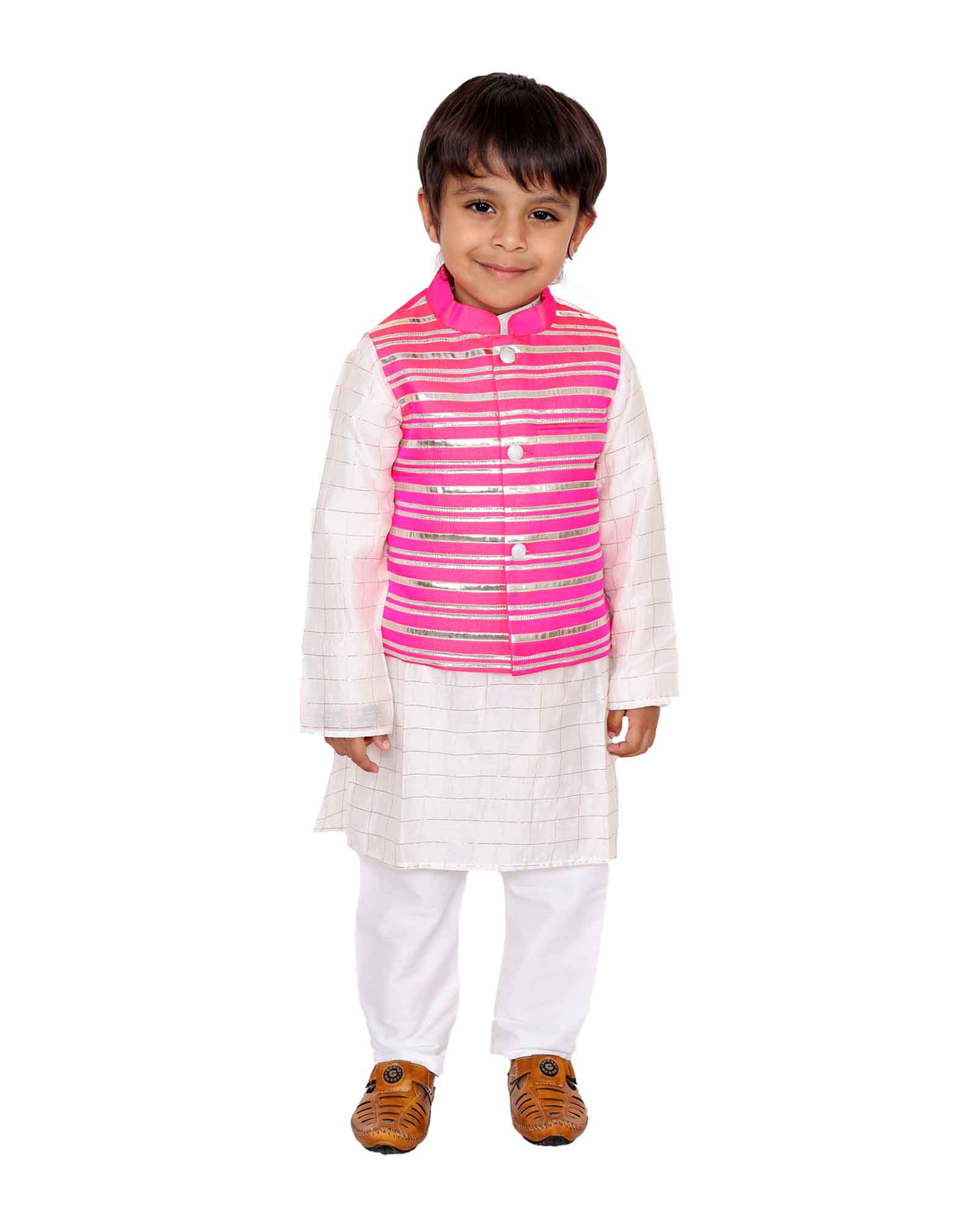 Pink Silver Striped Jacket With Kurta Set