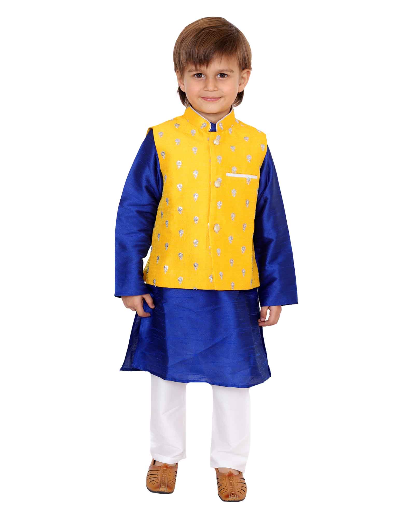 Yellow Nehru Jacket With Blue Kurta Set