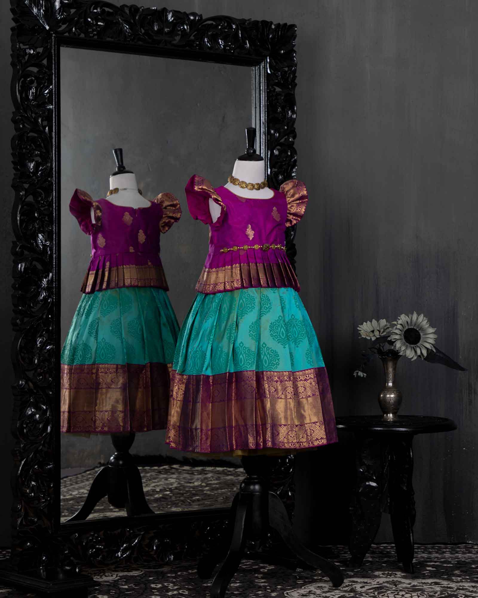 Purple And Turquoise Blue Kanjivaram Silk Pattu Pavadai Set