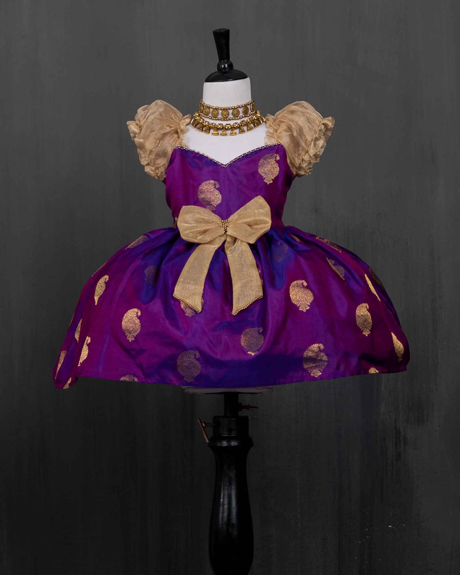 Kanjivaram Silk Hand Embroidered Knee length Gold Gown With Tissue Sleeves