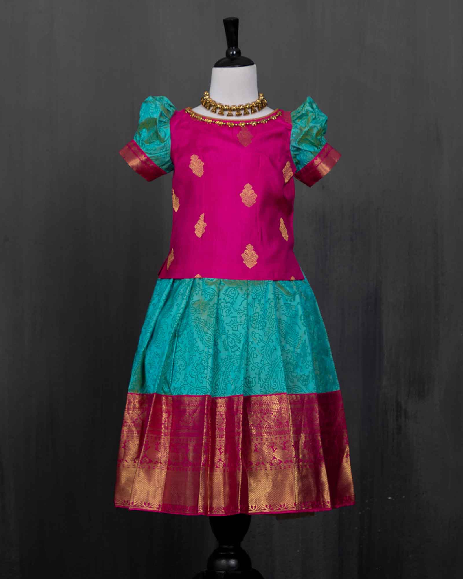 Elephant Beaded Bottle Rani Pink And Turquoise Blue Kanjivaram Silk Pattu Pavadai