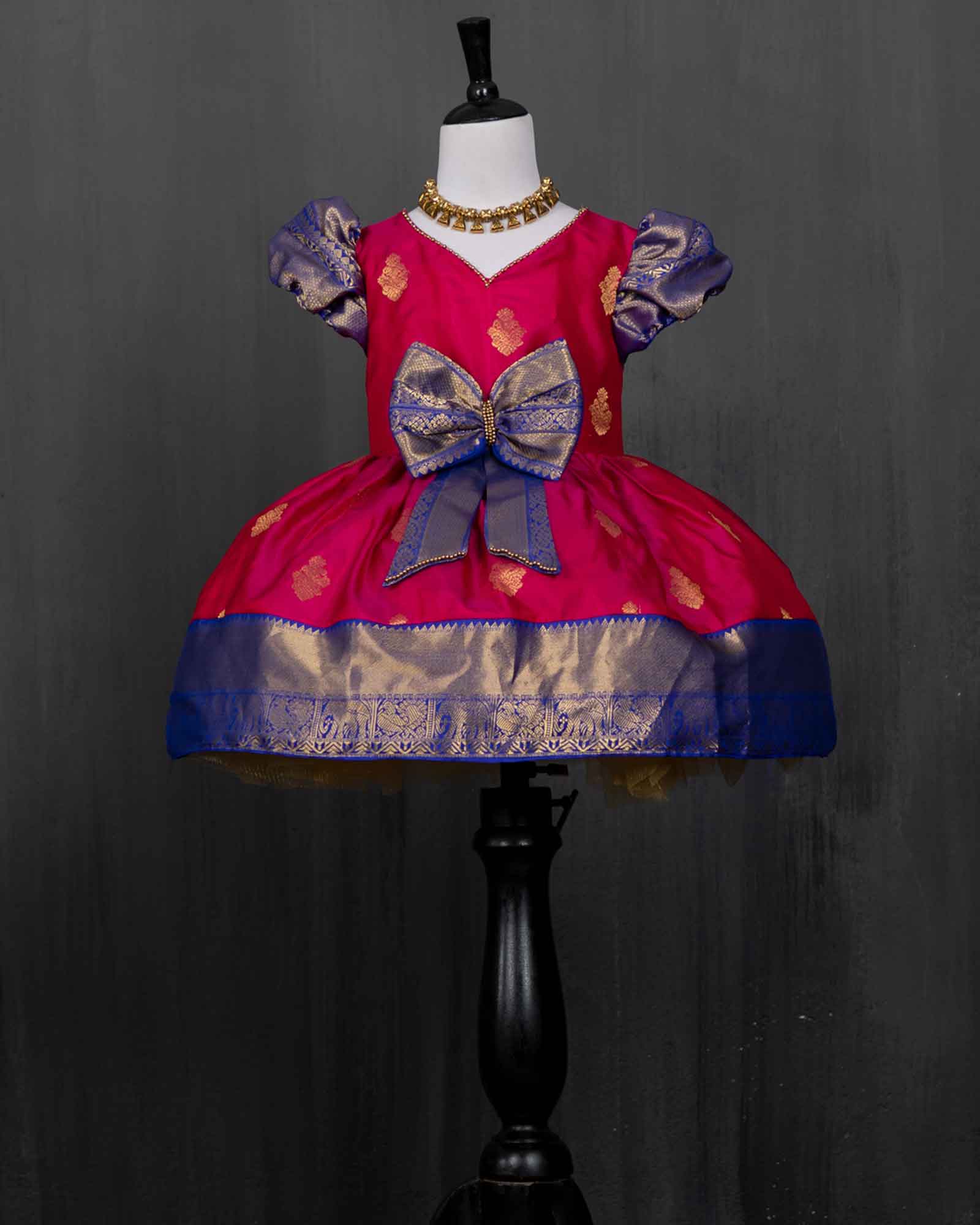 Pink And Royal Blue Kanjivaram Silk Knee length Gown