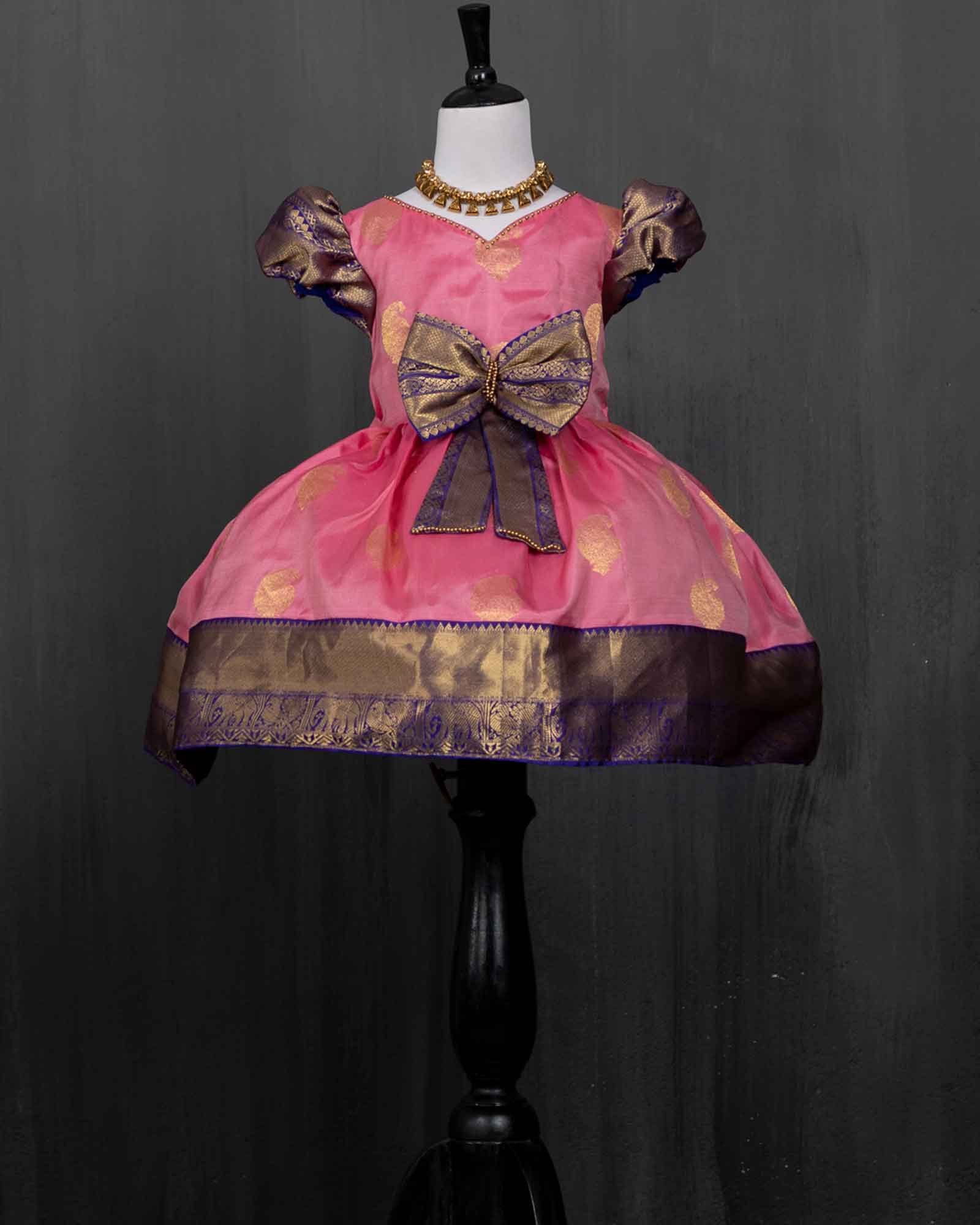 Baby Pink And Navy Blue Kanjivaram Silk Knee length Gown