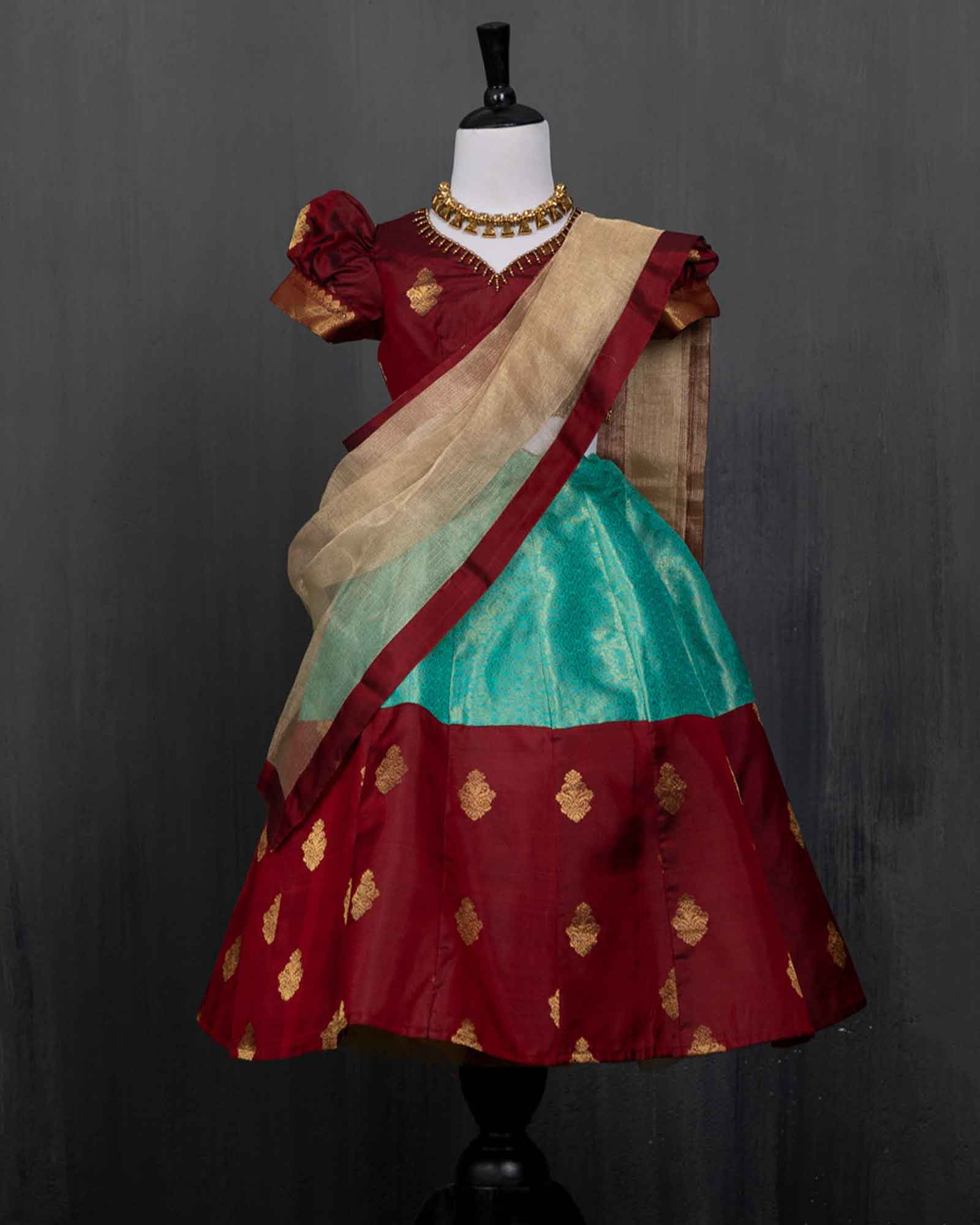 Hand embroidered Maroon and Sea Green Kanjivaram Silk Lehenga Choli