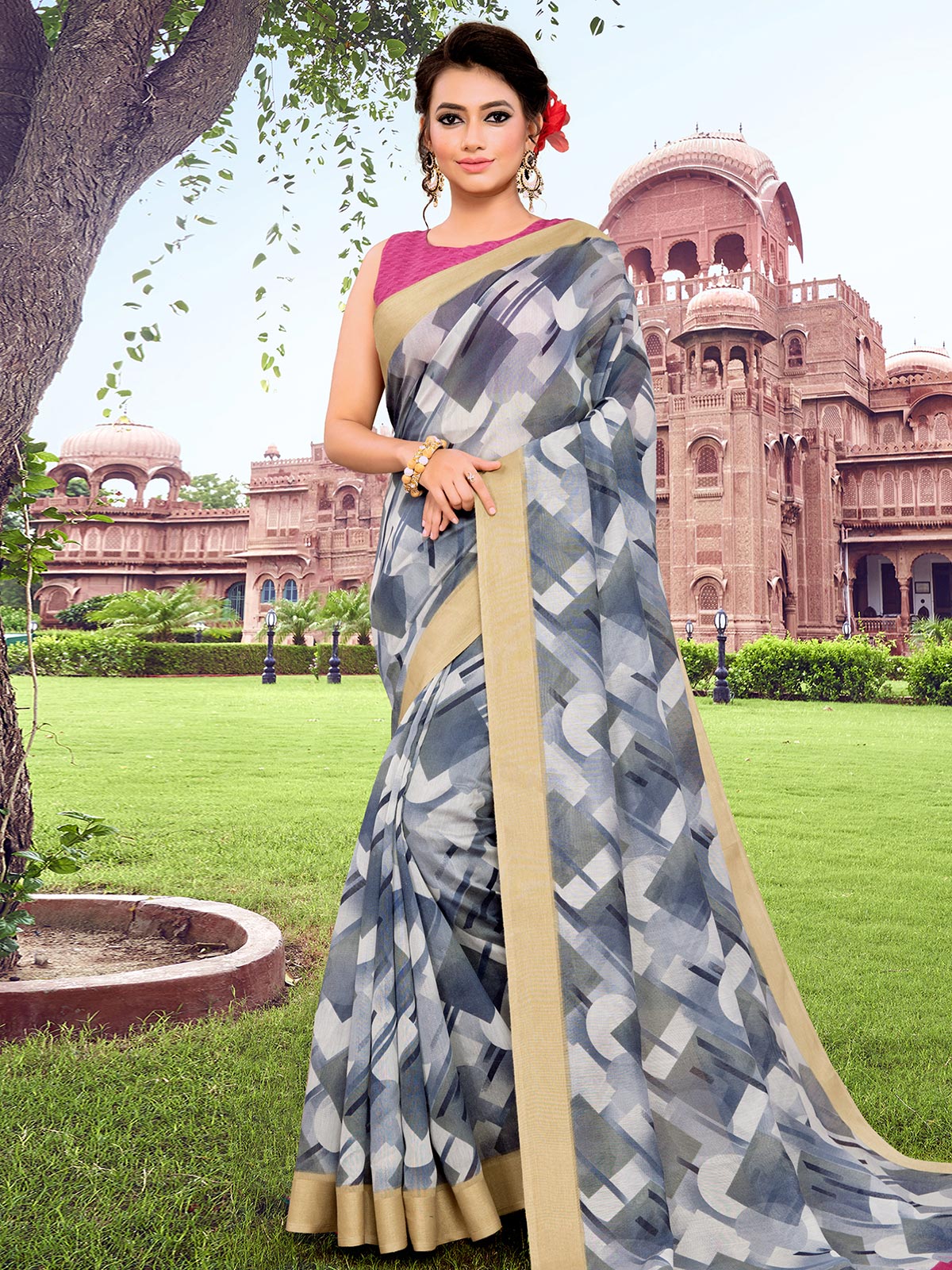  Grey Cotton Blend Printed Saree