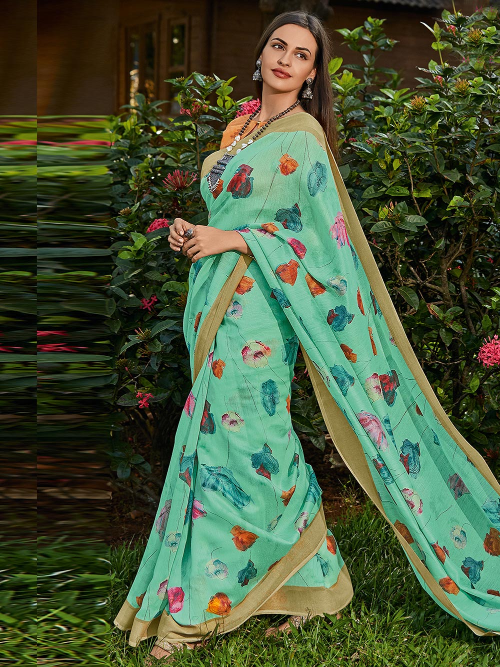  Mint Green Cotton Blend Printed Saree